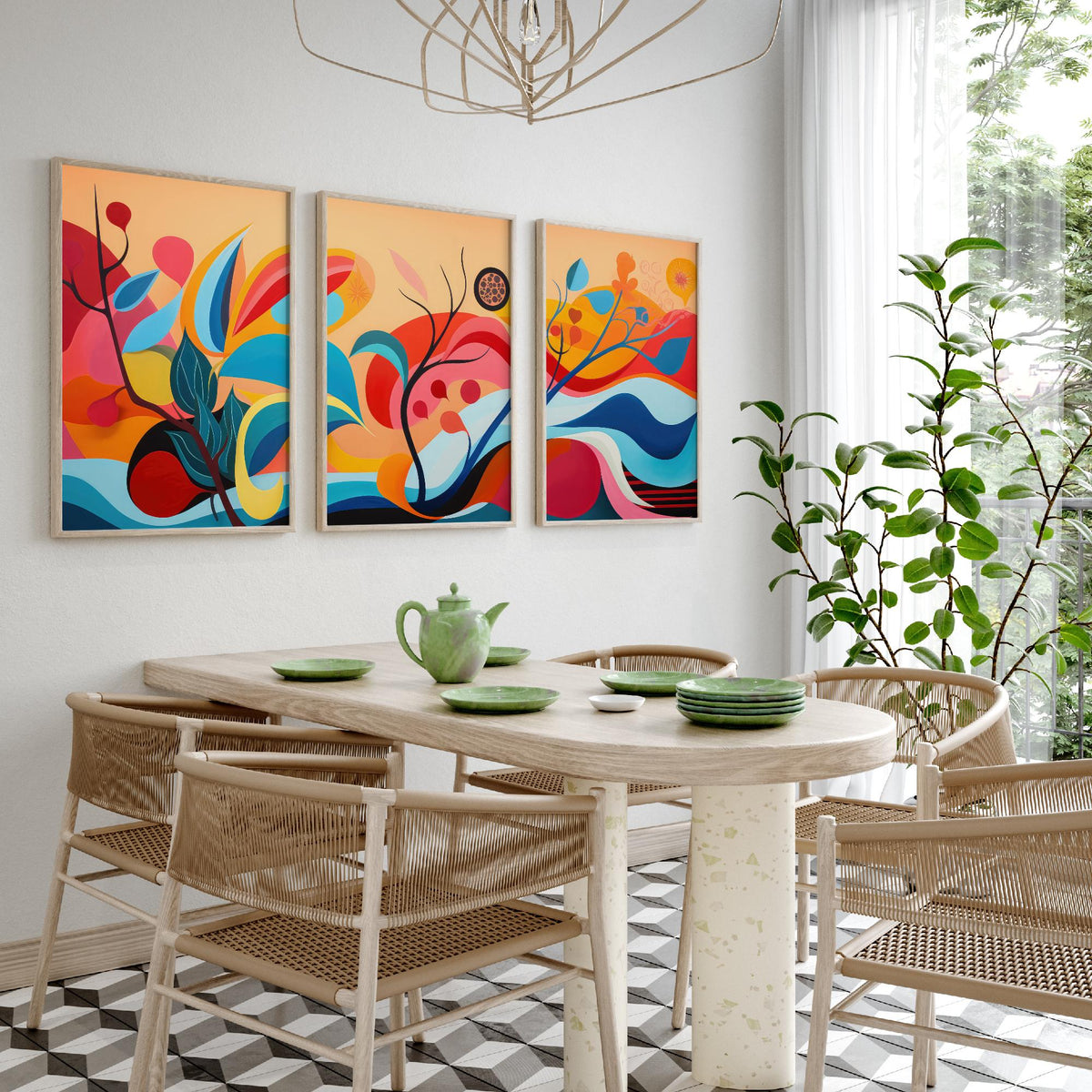 Sun Soaked Colours Set of Three Art Prints - Flowing Abstract Leaves and Waves - Panoramic Bold Poster Illustration V1