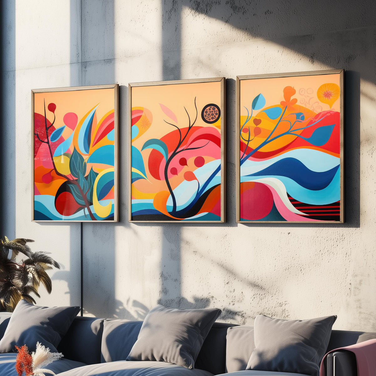 Sun Soaked Colours Set of Three Art Prints - Flowing Abstract Leaves and Waves - Panoramic Bold Poster Illustration V1