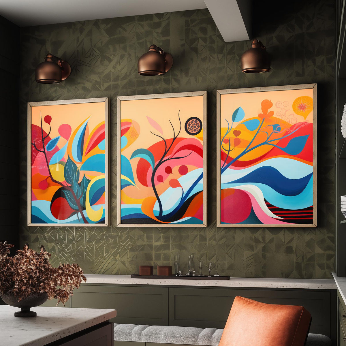 Sun Soaked Colours Set of Three Art Prints - Flowing Abstract Leaves and Waves - Panoramic Bold Poster Illustration V1