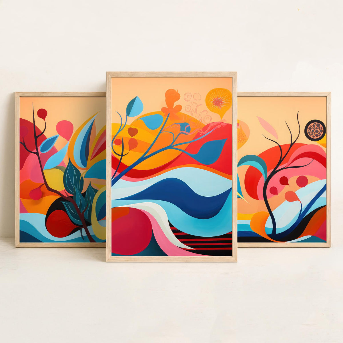 Sun Soaked Colours Set of Three Art Prints - Flowing Abstract Leaves and Waves - Panoramic Bold Poster Illustration V1