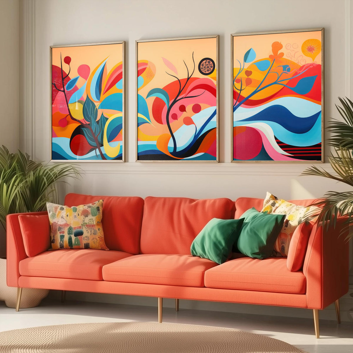 Sun Soaked Colours Set of Three Art Prints - Flowing Abstract Leaves and Waves - Panoramic Bold Poster Illustration V1