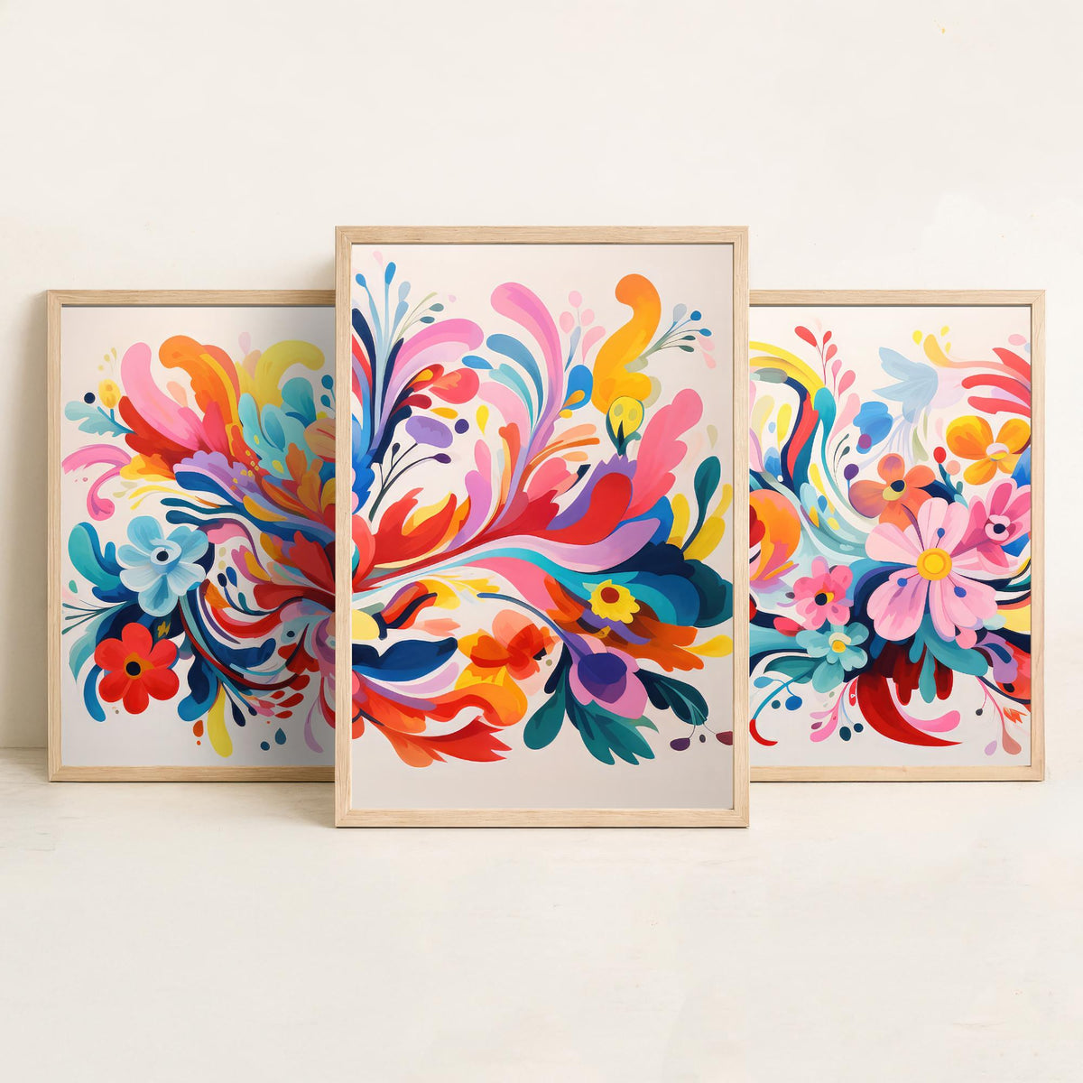 Sun Soaked Colours Set of Three Art Prints - Swirling Flowers on Cream - Panoramic Floral Poster Illustration V2