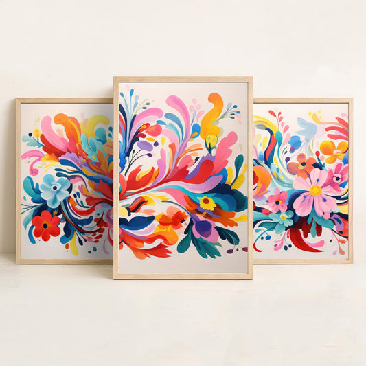 Sun Soaked Colours Set of Three Art Prints - Swirling Flowers on Cream - Panoramic Floral Poster Illustration V2
