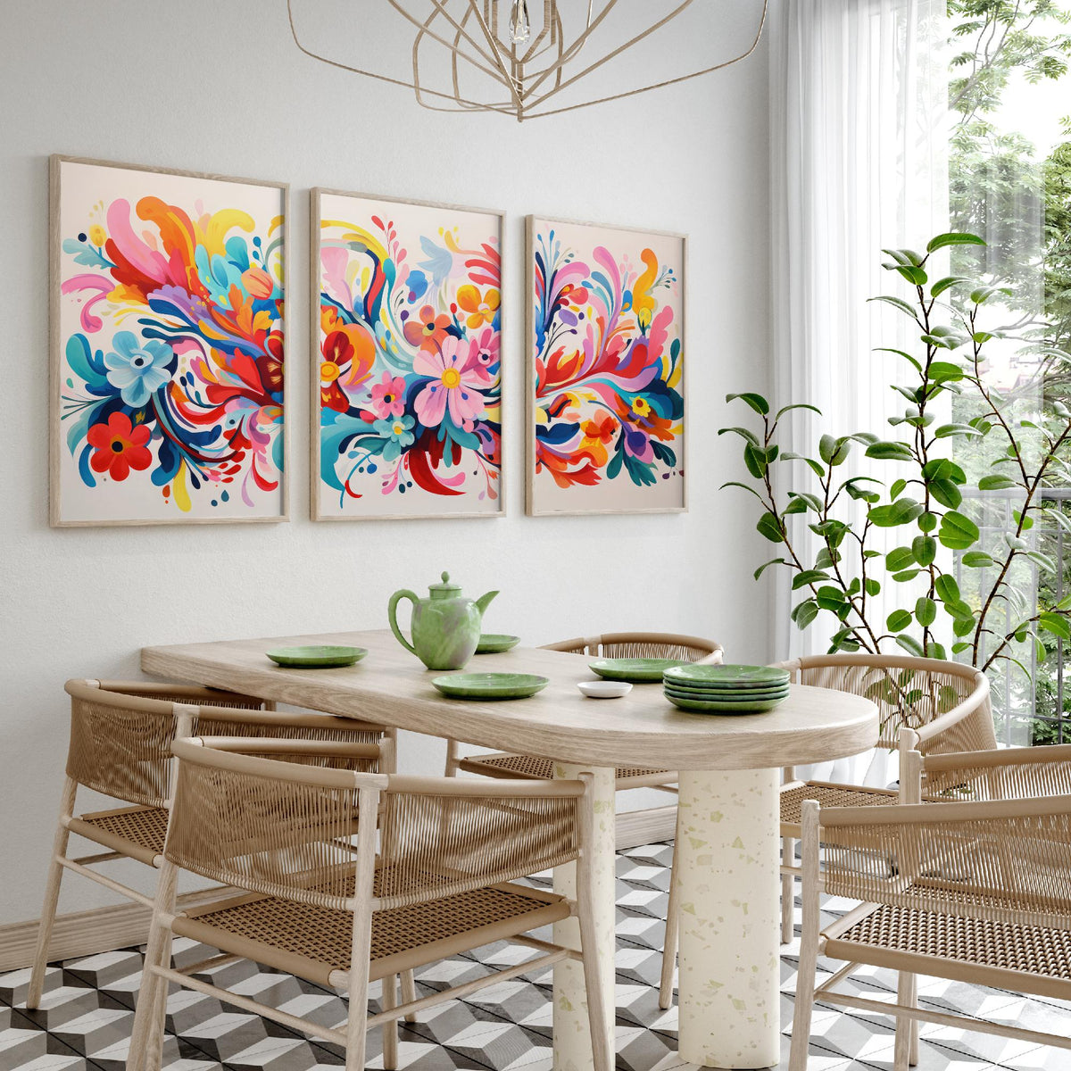 Sun Soaked Colours Set of Three Art Prints - Swirling Flowers on Cream - Panoramic Floral Poster Illustration V2