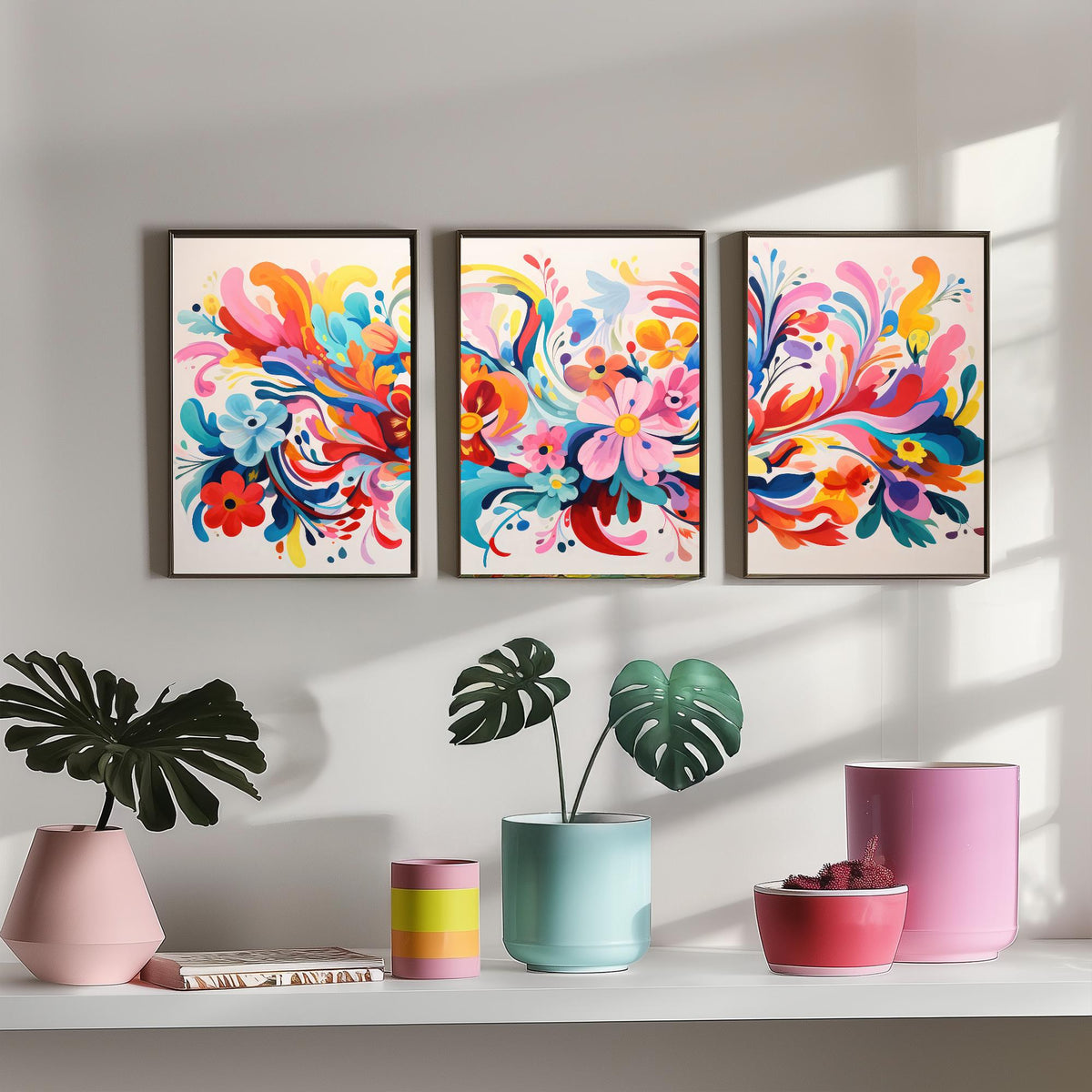 Sun Soaked Colours Set of Three Art Prints - Swirling Flowers on Cream - Panoramic Floral Poster Illustration V2