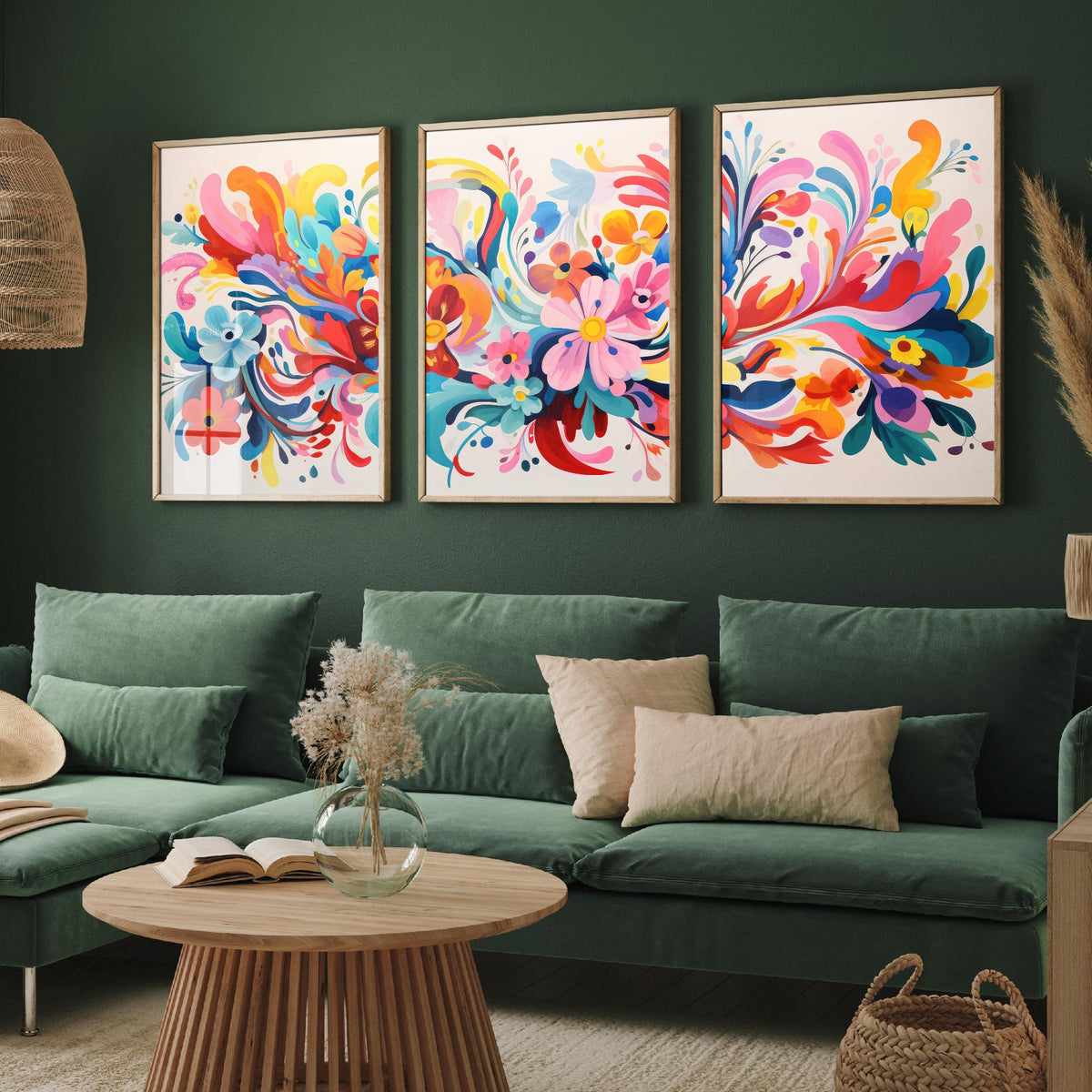 Sun Soaked Colours Set of Three Art Prints - Swirling Flowers on Cream - Panoramic Floral Poster Illustration V2