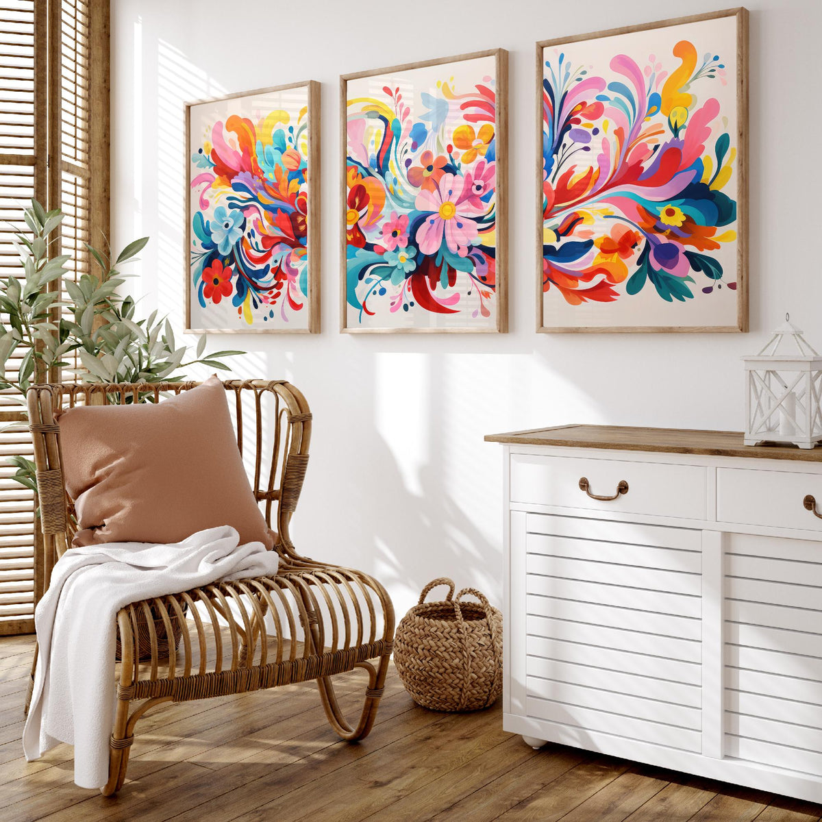 Sun Soaked Colours Set of Three Art Prints - Swirling Flowers on Cream - Panoramic Floral Poster Illustration V2