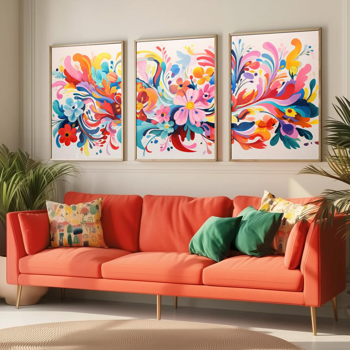 Sun Soaked Colours Set of Three Art Prints - Swirling Flowers on Cream - Panoramic Floral Poster Illustration V2