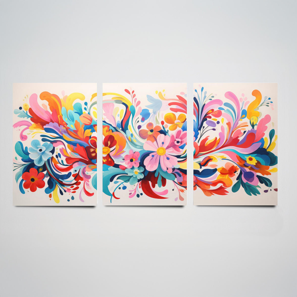 Sun Soaked Colours Set of Three Art Prints - Swirling Flowers on Cream - Panoramic Floral Poster Illustration V2
