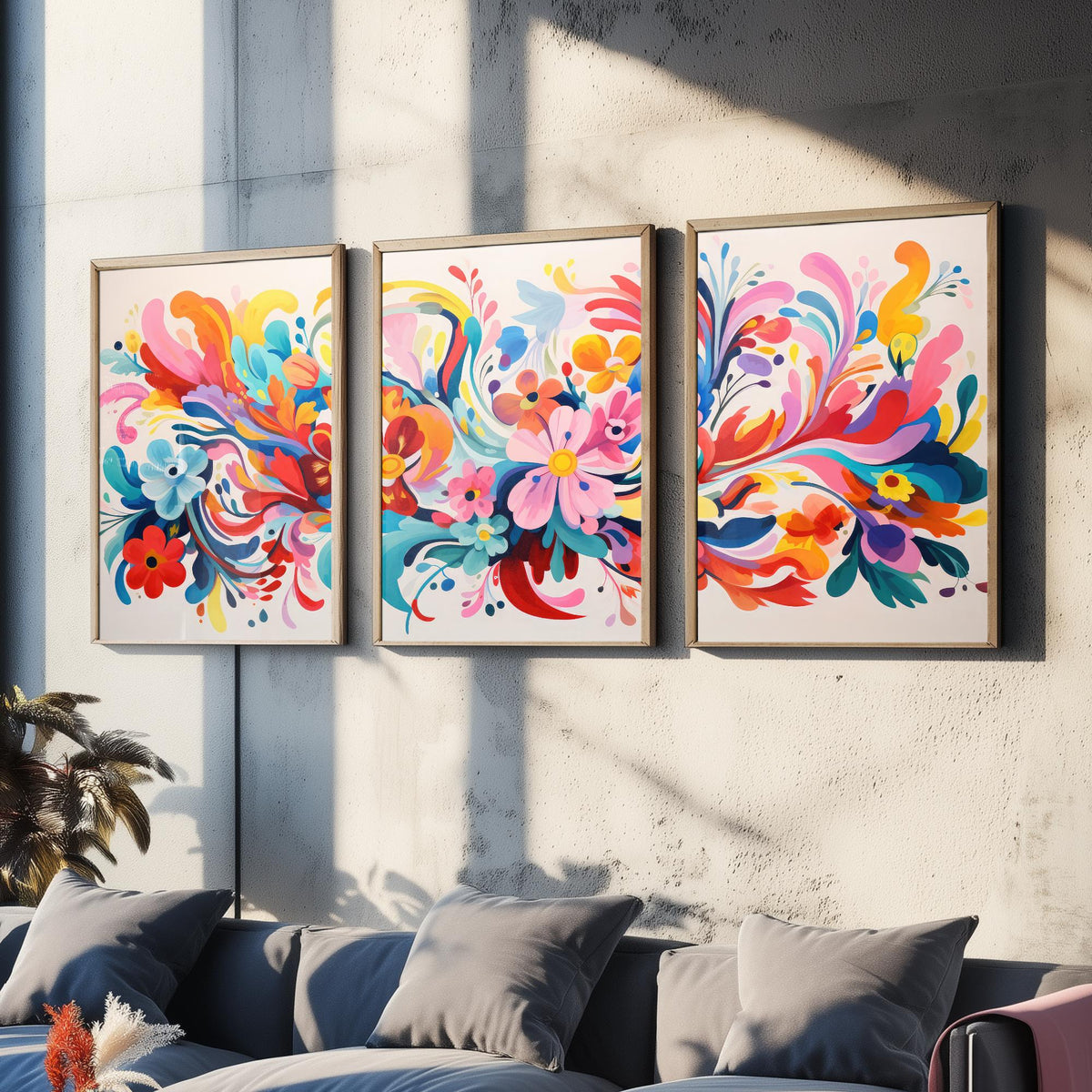 Sun Soaked Colours Set of Three Art Prints - Swirling Flowers on Cream - Panoramic Floral Poster Illustration V2
