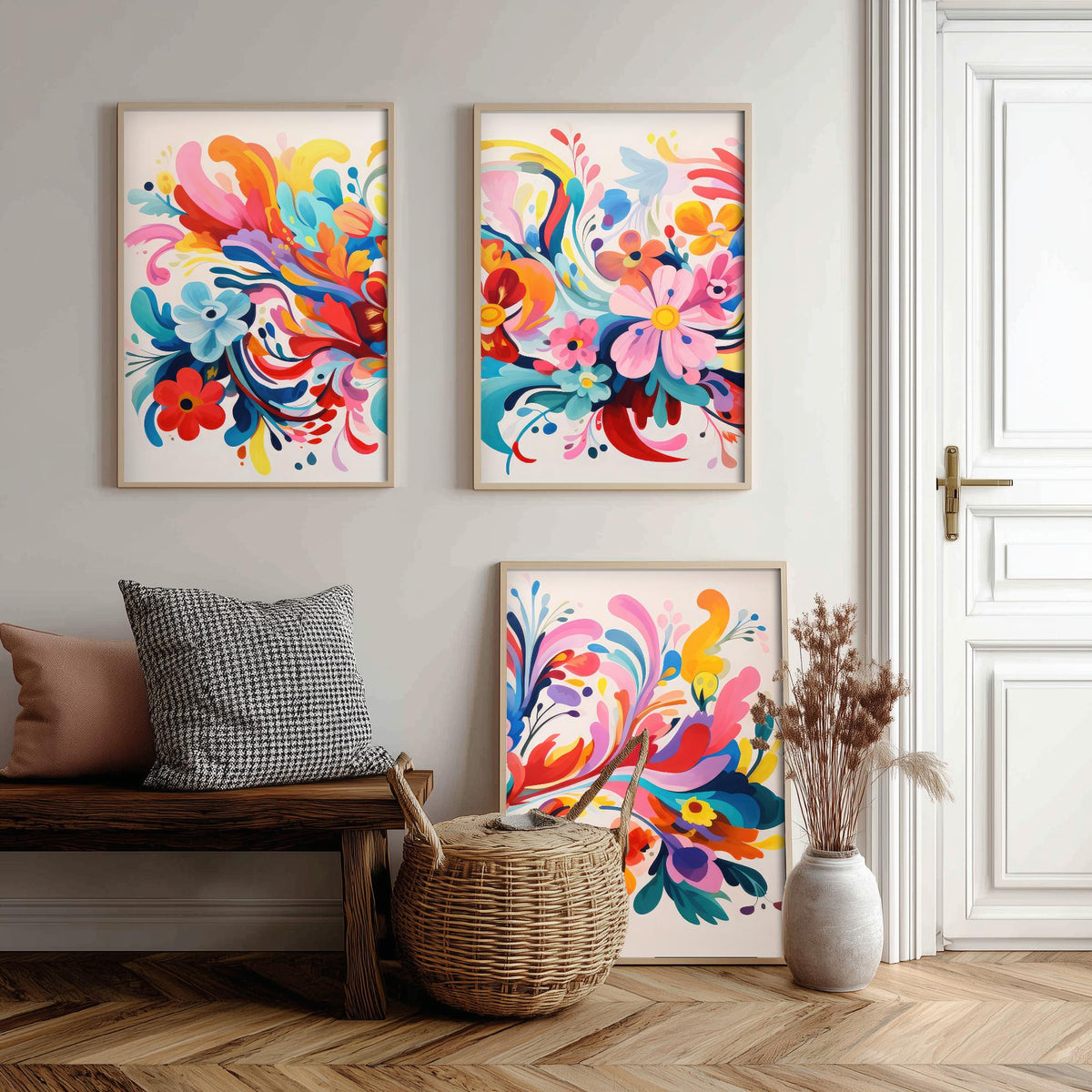 Sun Soaked Colours Set of Three Art Prints - Swirling Flowers on Cream - Panoramic Floral Poster Illustration V2