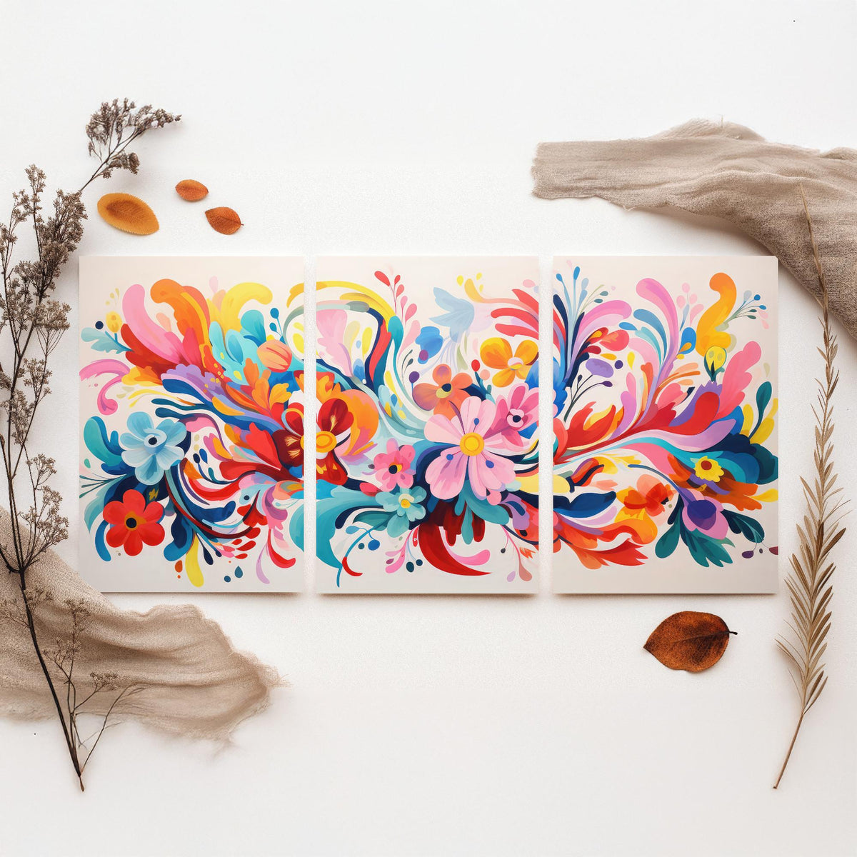 Sun Soaked Colours Set of Three Art Prints - Swirling Flowers on Cream - Panoramic Floral Poster Illustration V2