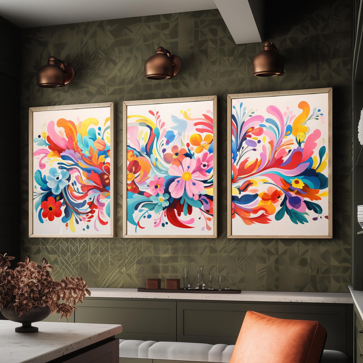 Sun Soaked Colours Set of Three Art Prints - Swirling Flowers on Cream - Panoramic Floral Poster Illustration V2
