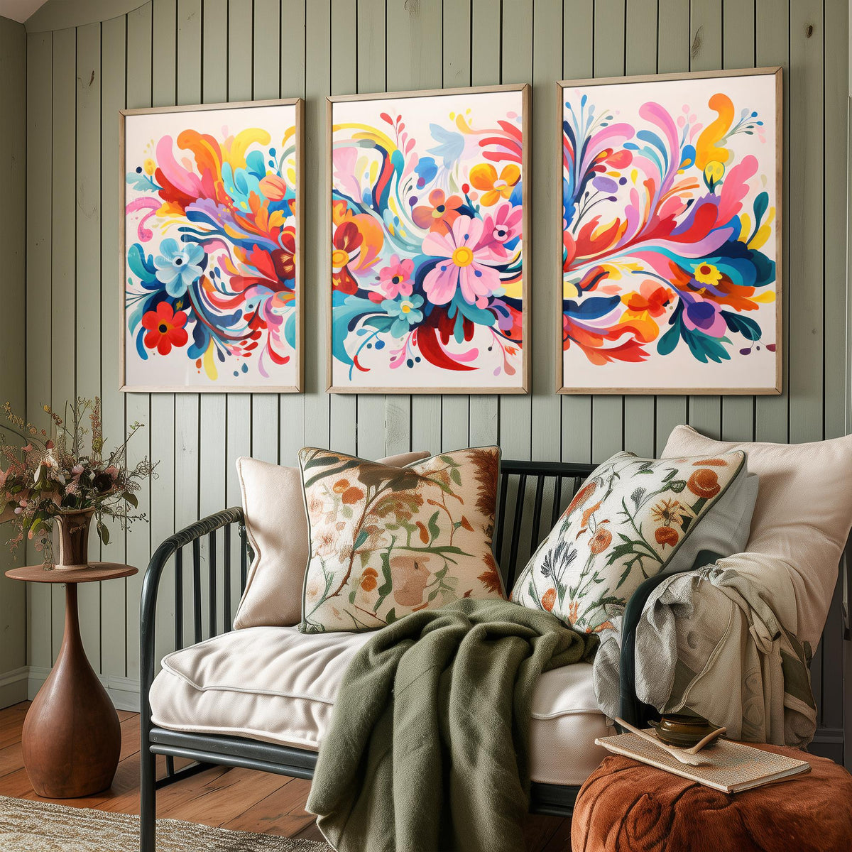 Sun Soaked Colours Set of Three Art Prints - Swirling Flowers on Cream - Panoramic Floral Poster Illustration V2