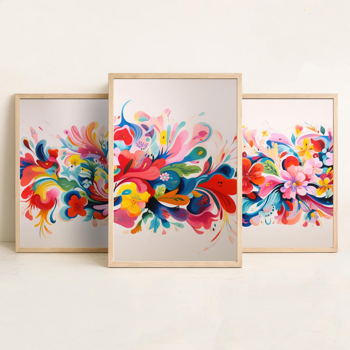 Sun Soaked Colours Set of Three Art Prints - Floral Band on Blush - Panoramic Flower Poster Illustration V3