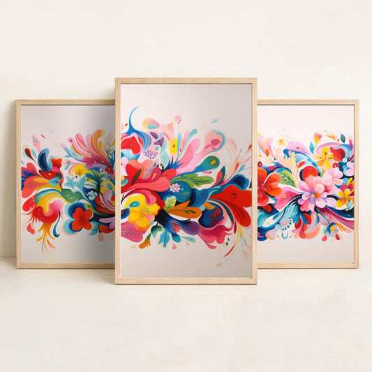 Sun Soaked Colours Set of Three Art Prints - Floral Band on Blush - Panoramic Flower Poster Illustration V3