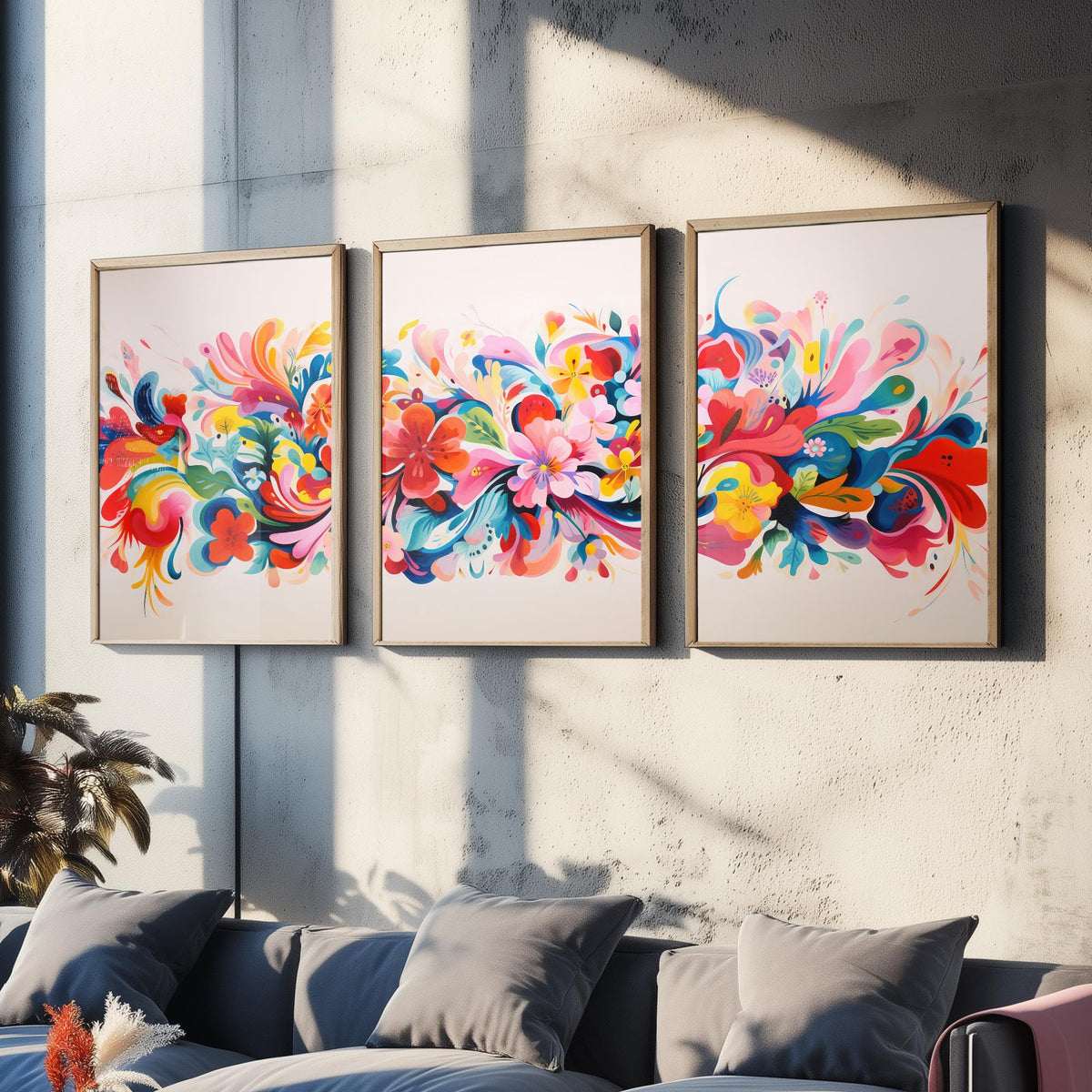 Sun Soaked Colours Set of Three Art Prints - Floral Band on Blush - Panoramic Flower Poster Illustration V3