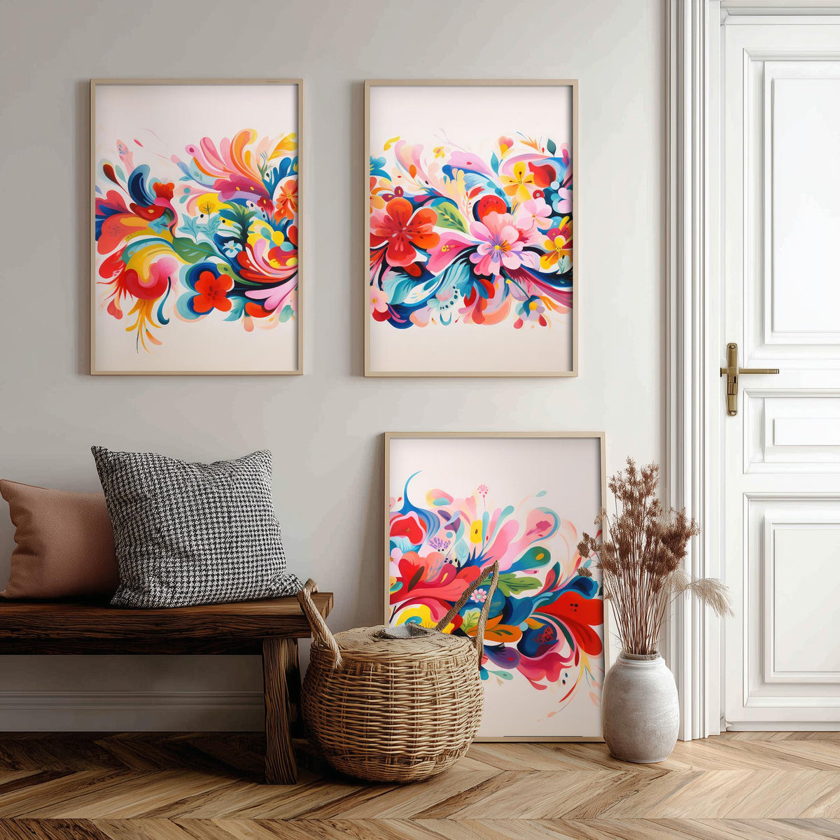 Sun Soaked Colours Set of Three Art Prints - Floral Band on Blush - Panoramic Flower Poster Illustration V3