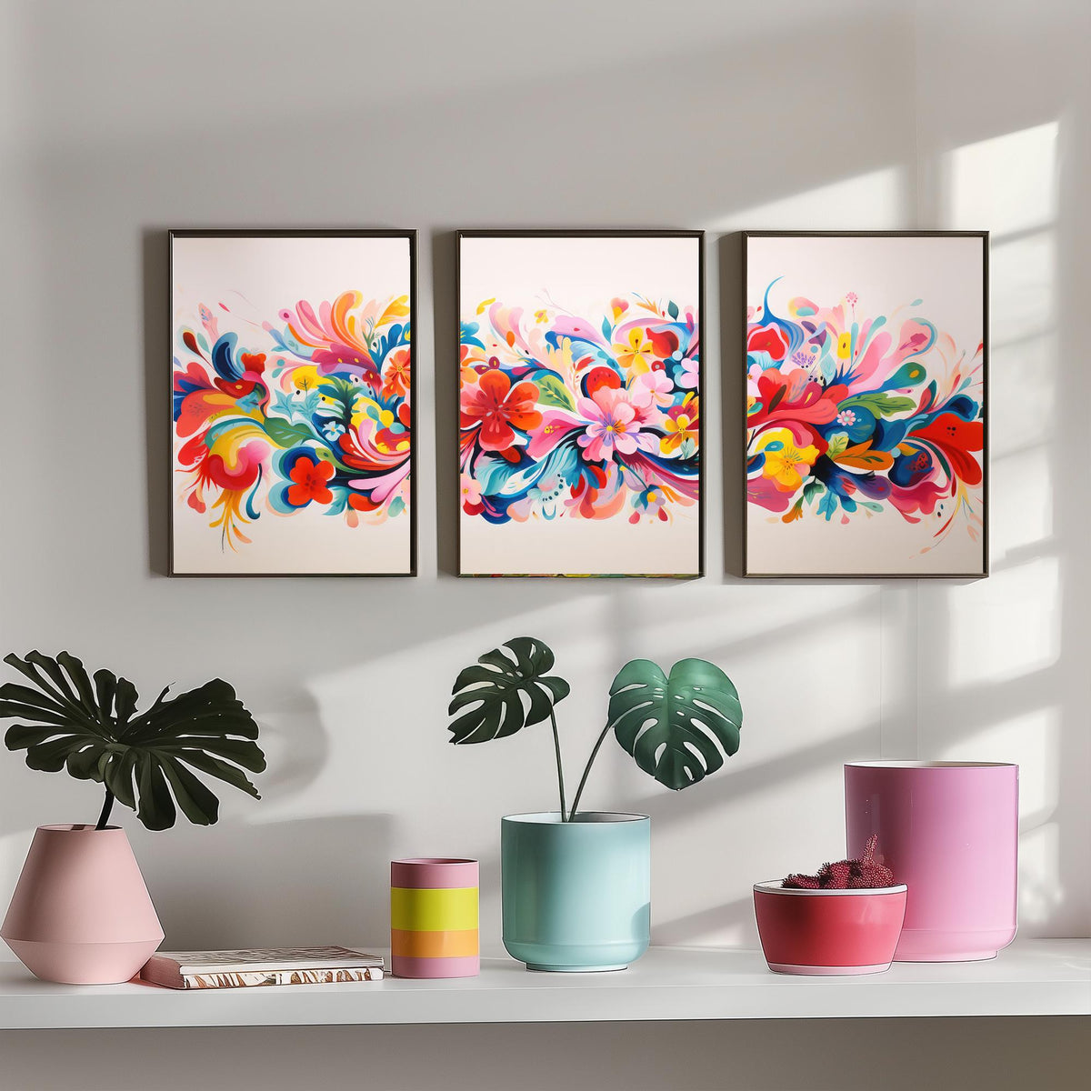 Sun Soaked Colours Set of Three Art Prints - Floral Band on Blush - Panoramic Flower Poster Illustration V3