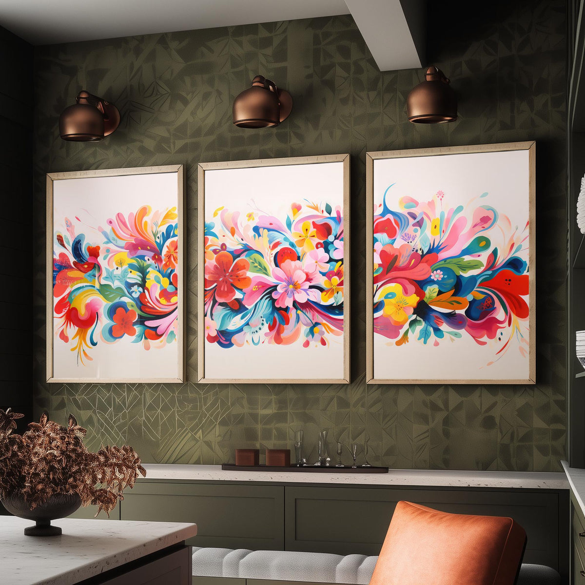 Sun Soaked Colours Set of Three Art Prints - Floral Band on Blush - Panoramic Flower Poster Illustration V3