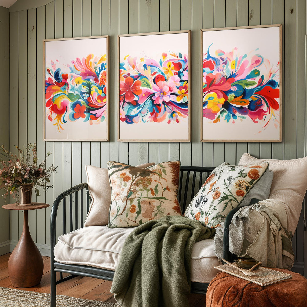 Sun Soaked Colours Set of Three Art Prints - Floral Band on Blush - Panoramic Flower Poster Illustration V3