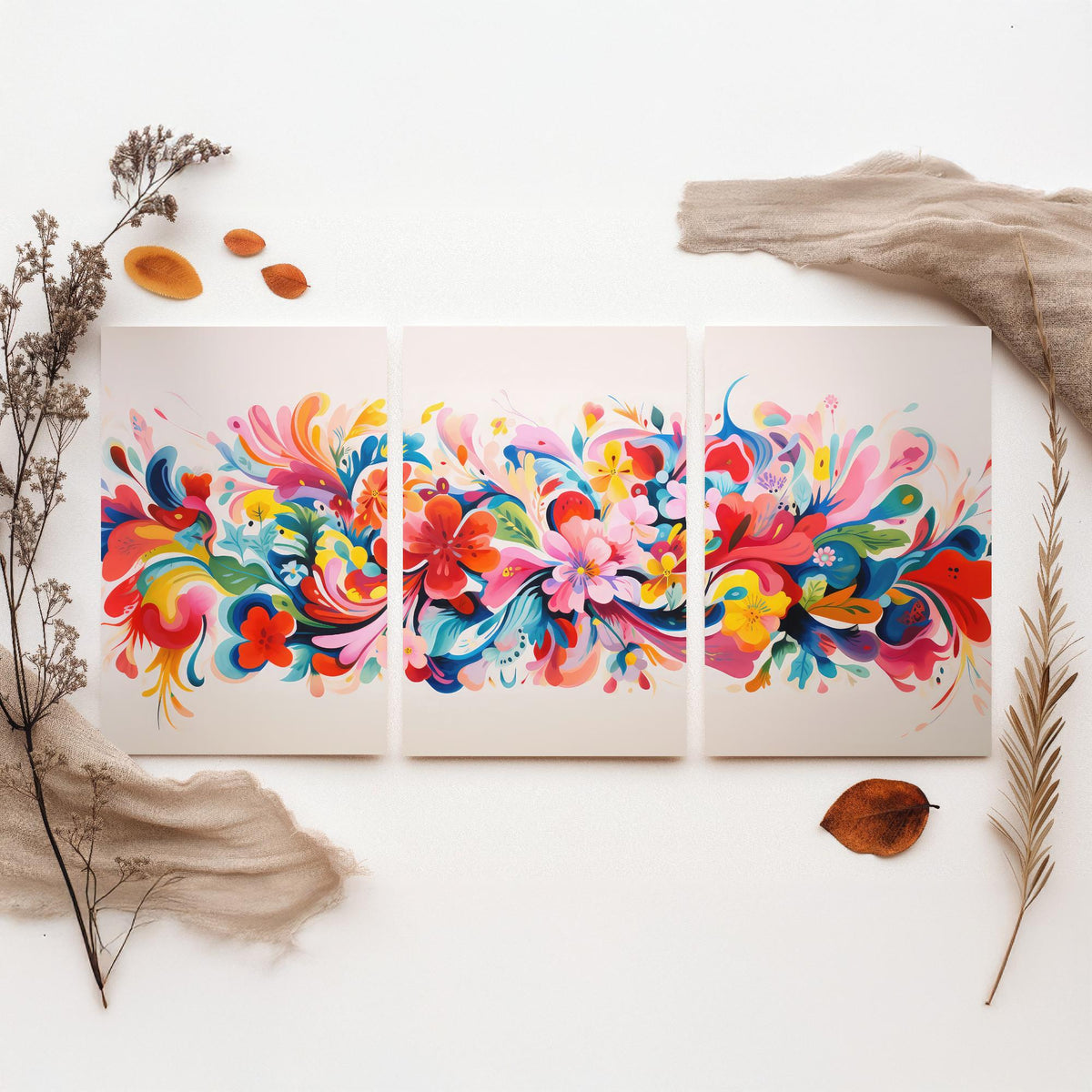 Sun Soaked Colours Set of Three Art Prints - Floral Band on Blush - Panoramic Flower Poster Illustration V3