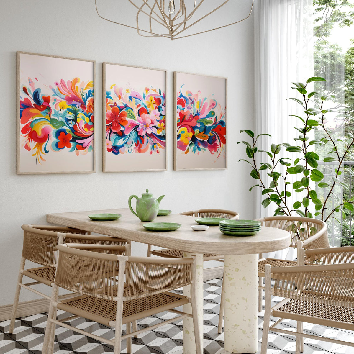 Sun Soaked Colours Set of Three Art Prints - Floral Band on Blush - Panoramic Flower Poster Illustration V3