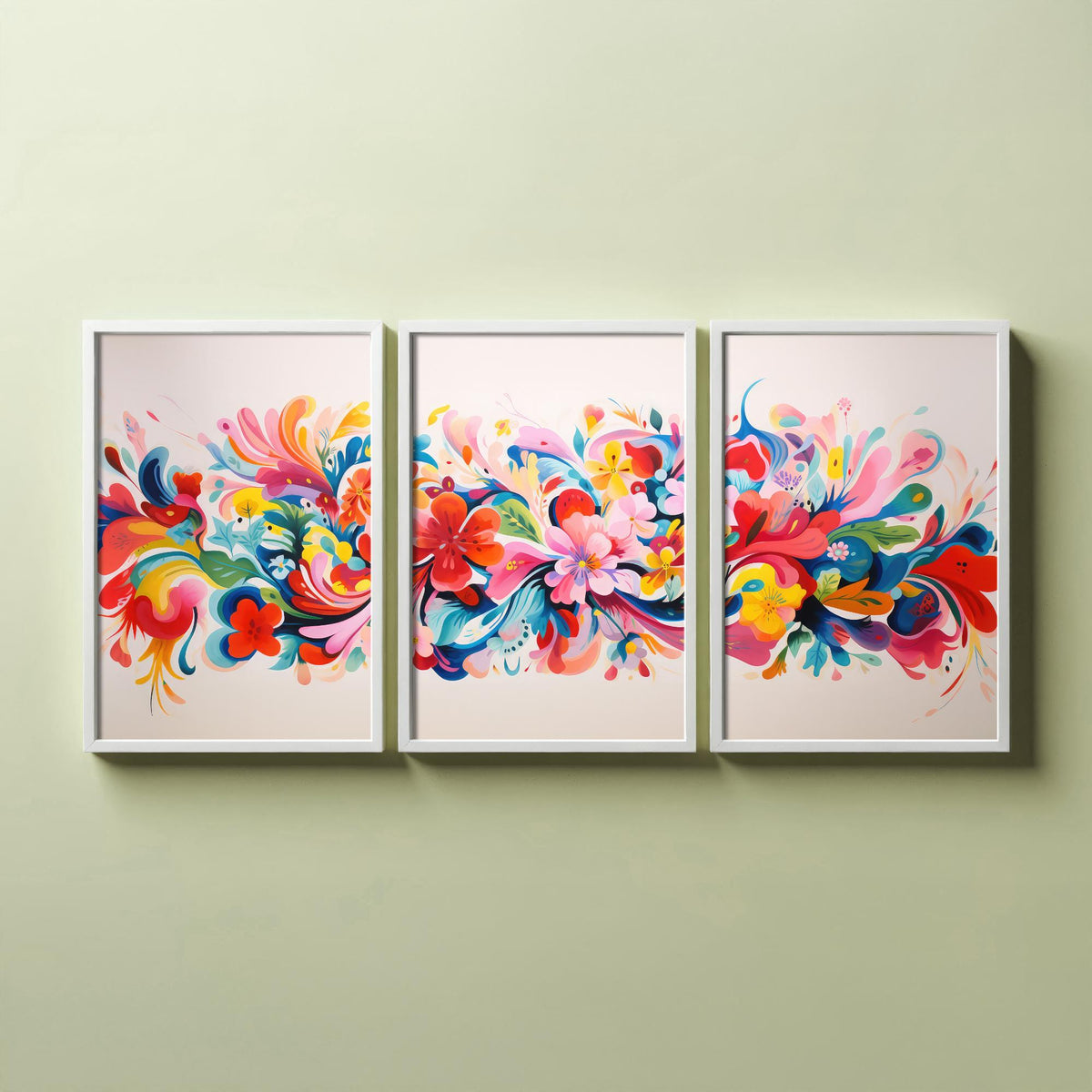 Sun Soaked Colours Set of Three Art Prints - Floral Band on Blush - Panoramic Flower Poster Illustration V3