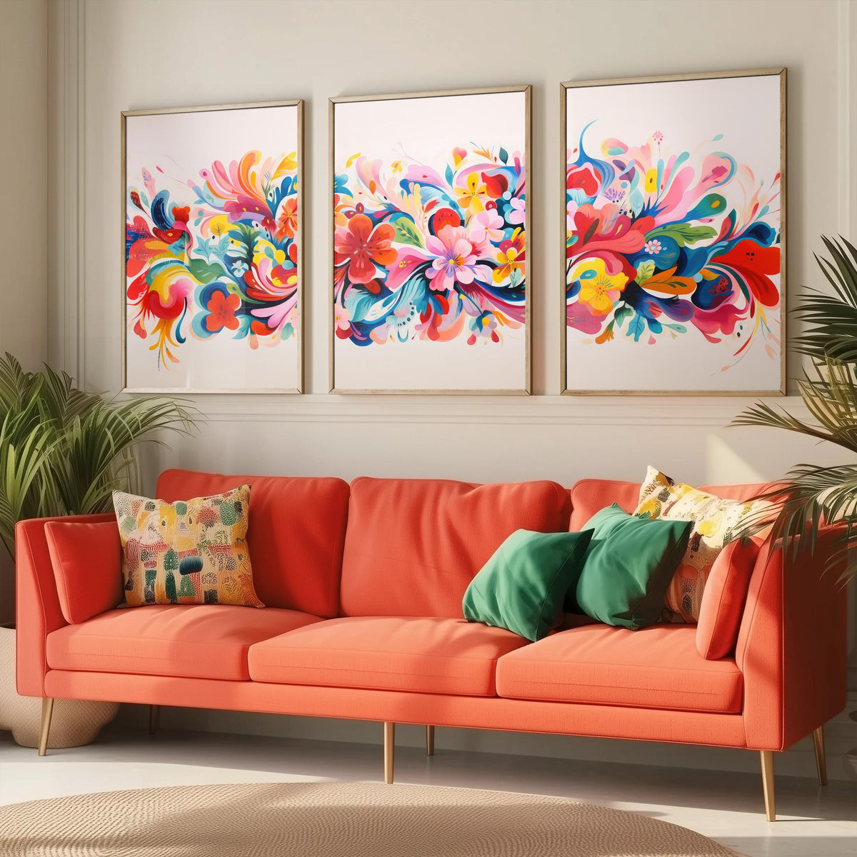 Sun Soaked Colours Set of Three Art Prints - Floral Band on Blush - Panoramic Flower Poster Illustration V3