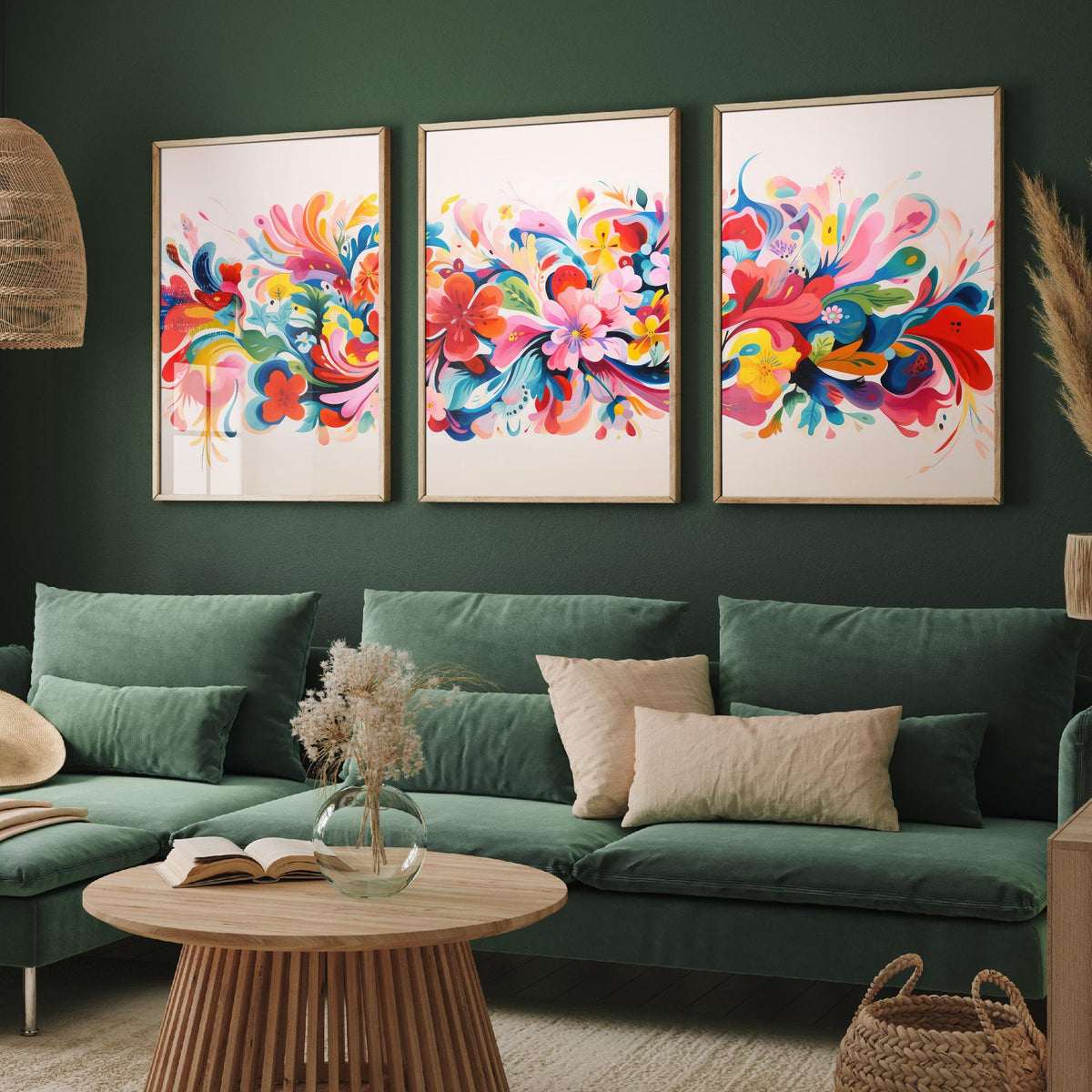 Sun Soaked Colours Set of Three Art Prints - Floral Band on Blush - Panoramic Flower Poster Illustration V3