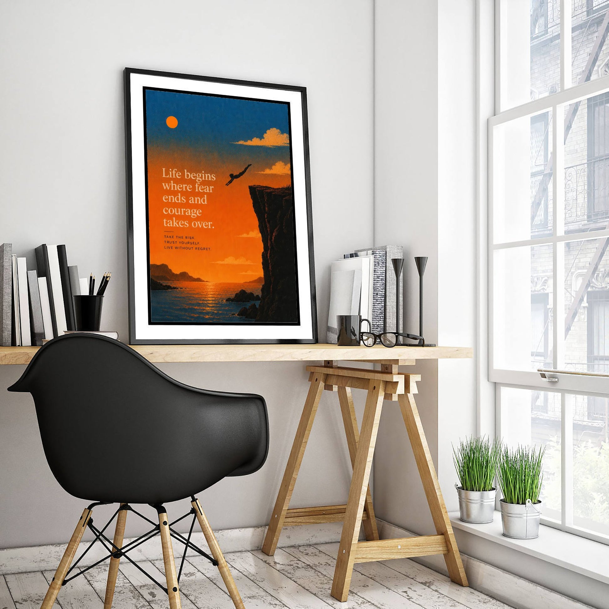 Life Begins Where Fear Ends and Courage Takes Over - Motivational Quote Print Poster - Sunset Illustration V1 3/3