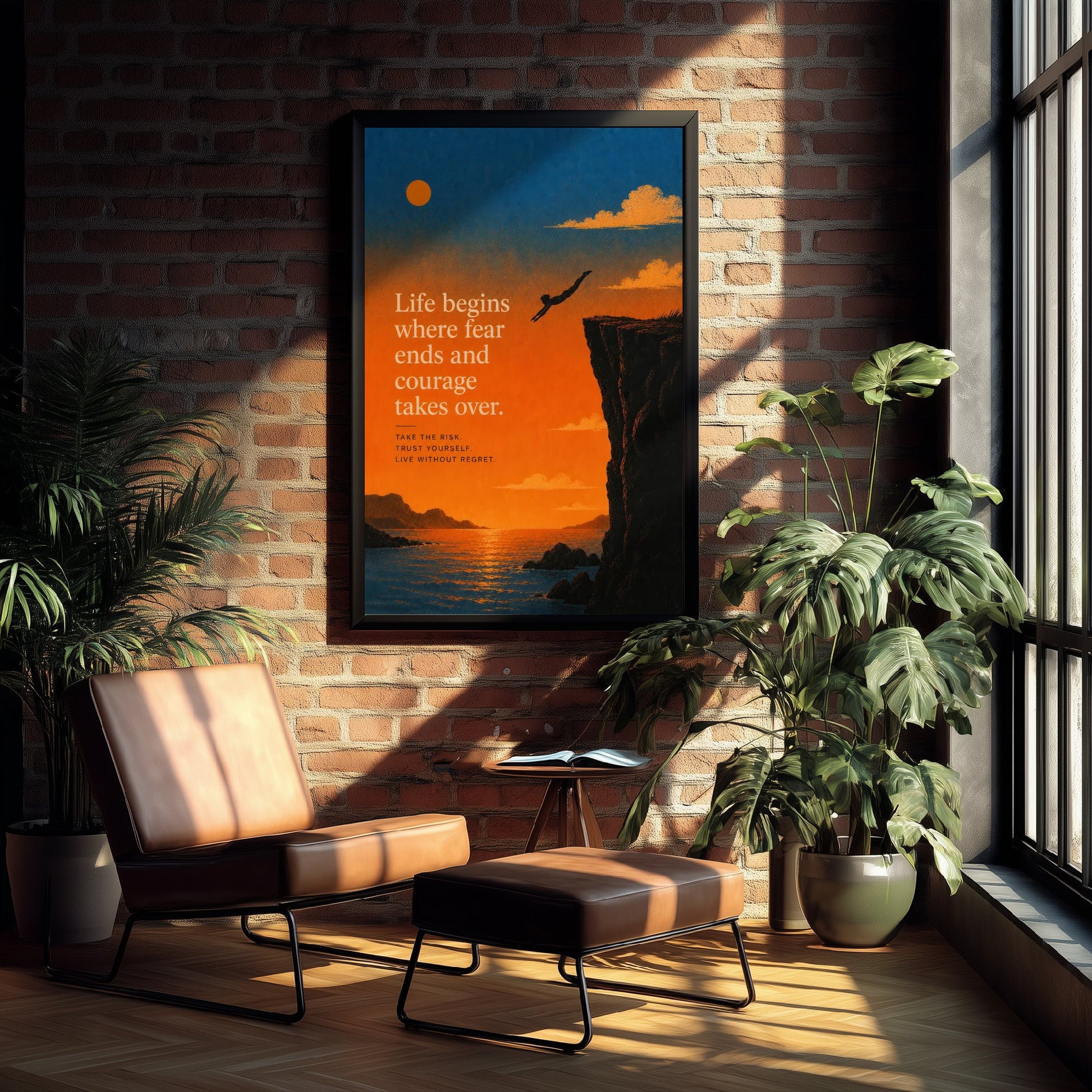 Life Begins Where Fear Ends and Courage Takes Over - Motivational Quote Print Poster - Sunset Illustration V1 3/3