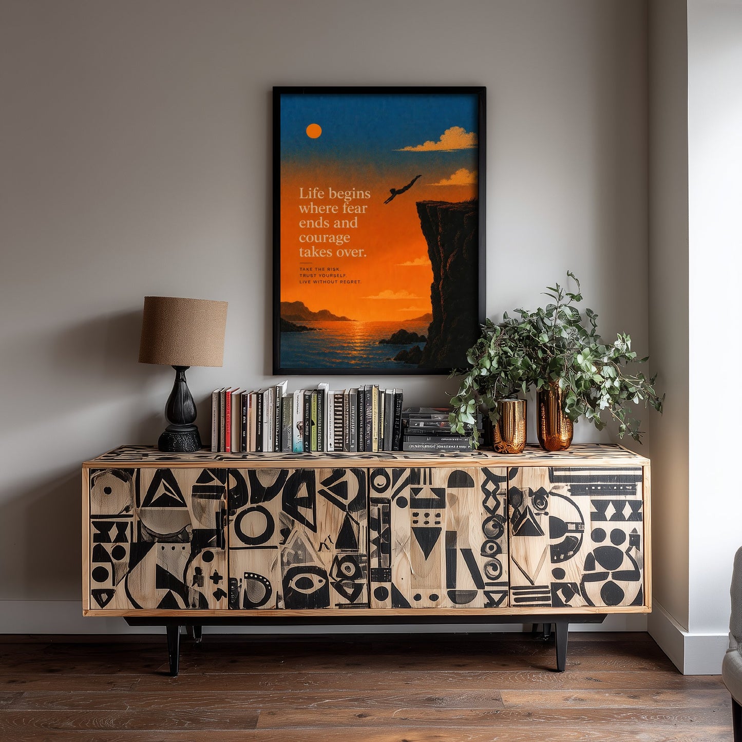 Life Begins Where Fear Ends and Courage Takes Over - Motivational Quote Print Poster - Sunset Illustration V1 3/3