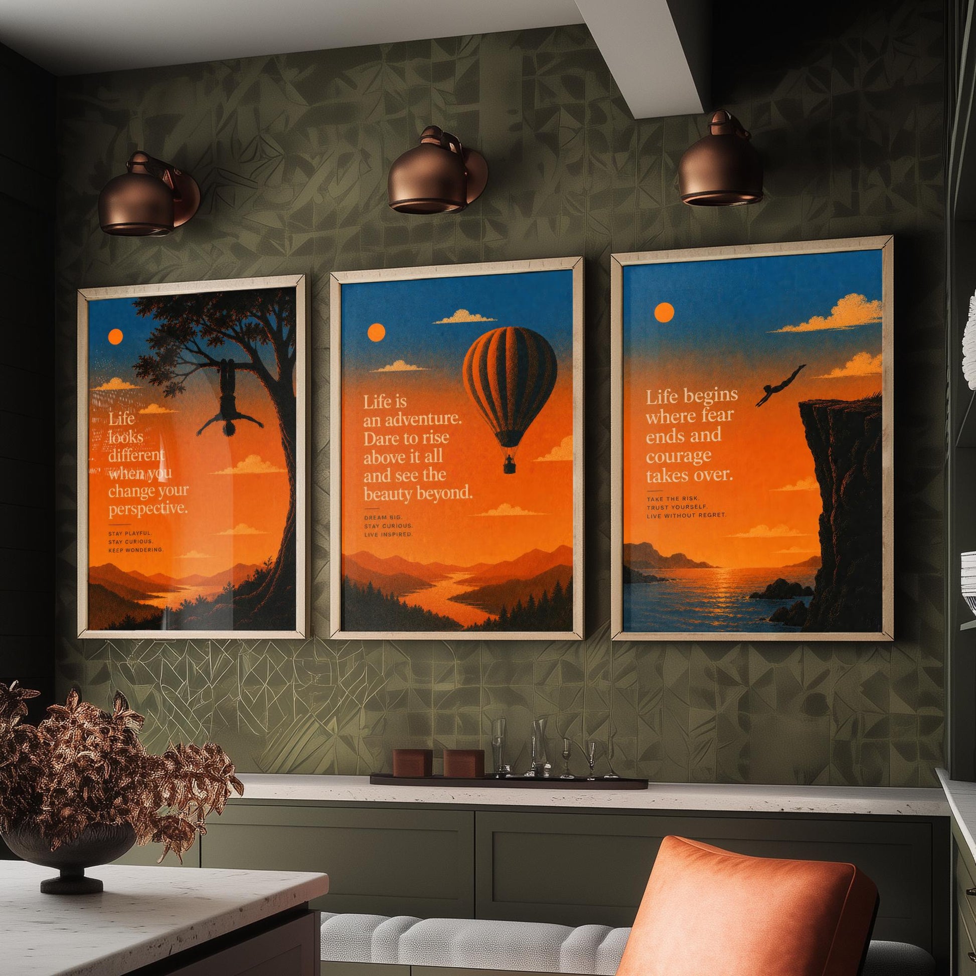 Sunset Adventure Quotes Set of Three Art Prints - Inspirational Wall Art - Motivational Poster Illustration Gift Decor V1