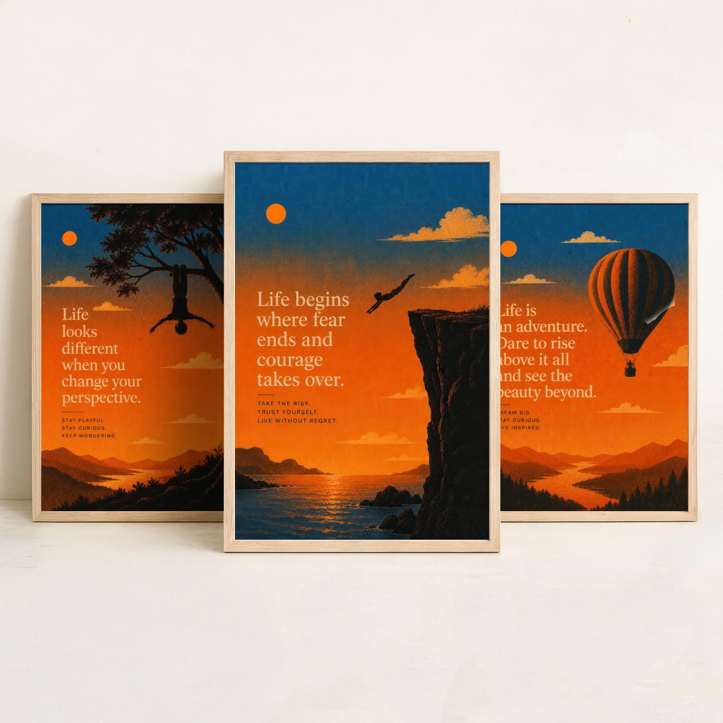 Sunset Adventure Quotes Set of Three Art Prints - Inspirational Wall Art - Motivational Poster Illustration Gift Decor V1