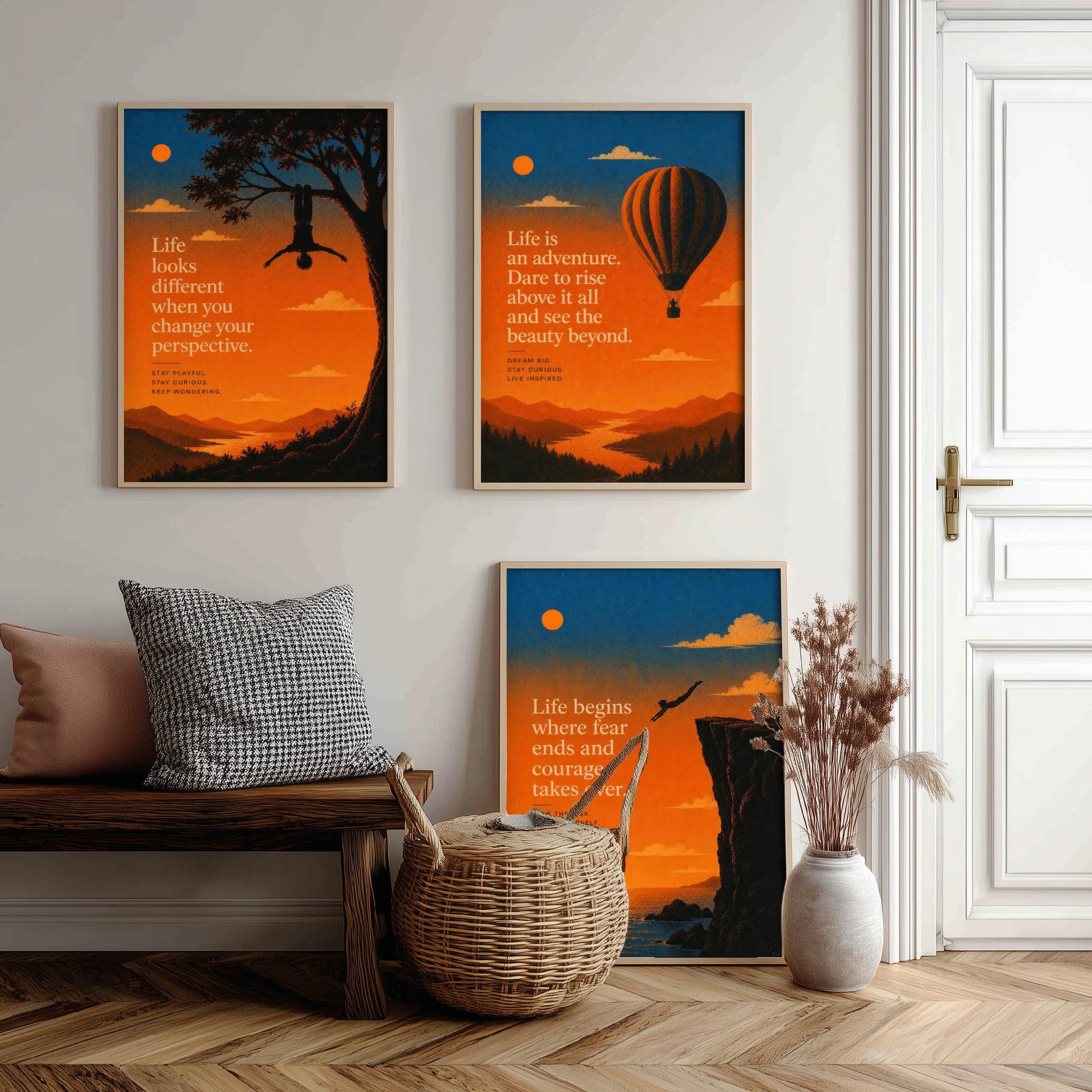 Sunset Adventure Quotes Set of Three Art Prints - Inspirational Wall Art - Motivational Poster Illustration Gift Decor V1