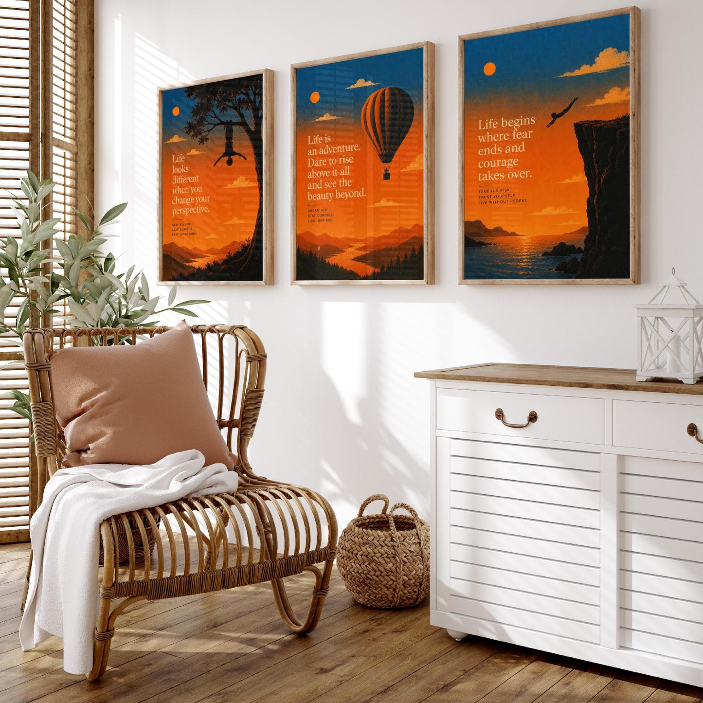 Sunset Adventure Quotes Set of Three Art Prints - Inspirational Wall Art - Motivational Poster Illustration Gift Decor V1