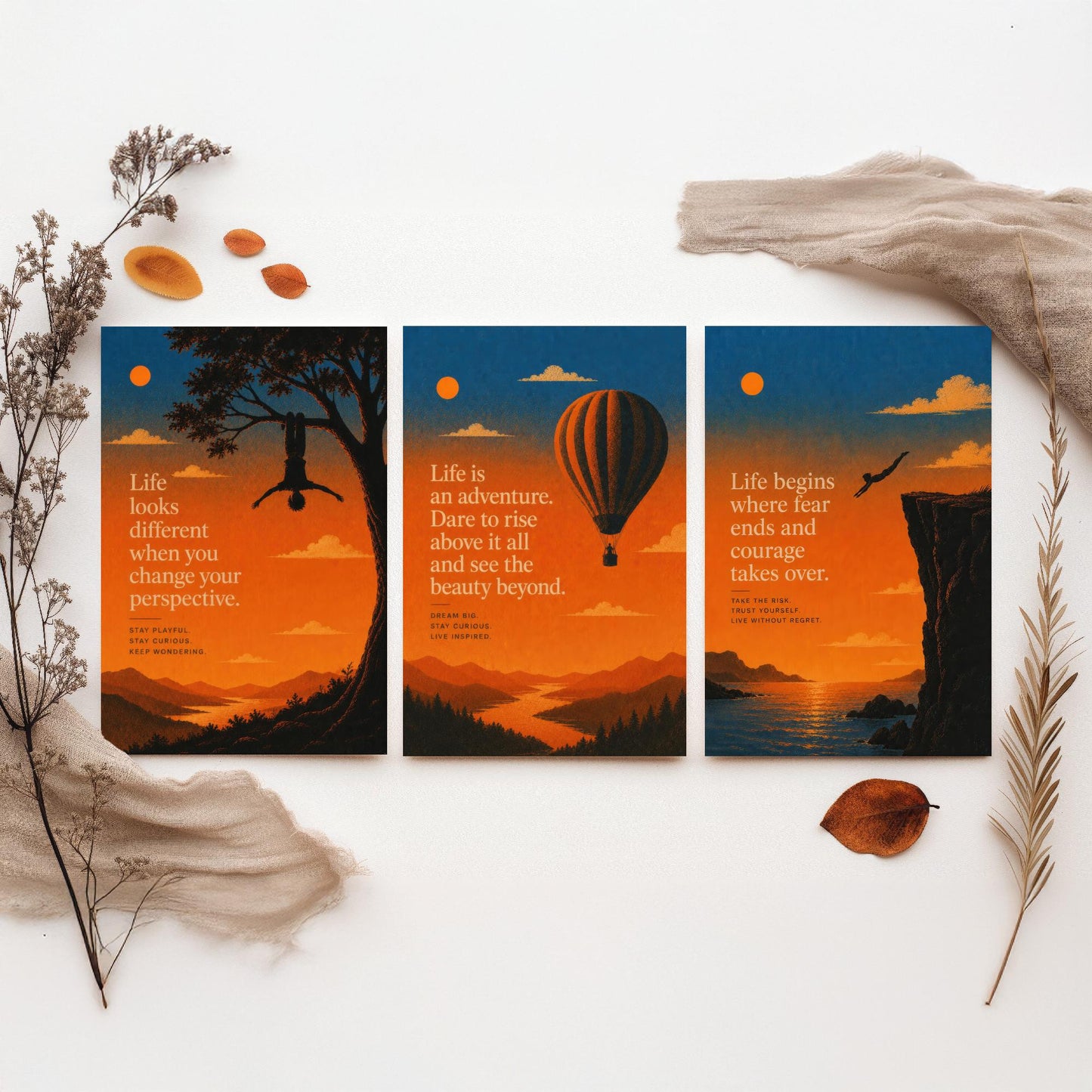 Sunset Adventure Quotes Set of Three Art Prints - Inspirational Wall Art - Motivational Poster Illustration Gift Decor V1