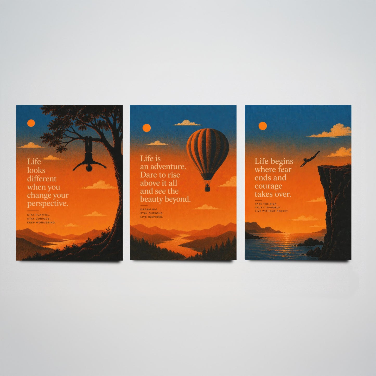 Sunset Adventure Quotes Set of Three Art Prints - Inspirational Wall Art - Motivational Poster Illustration Gift Decor V1