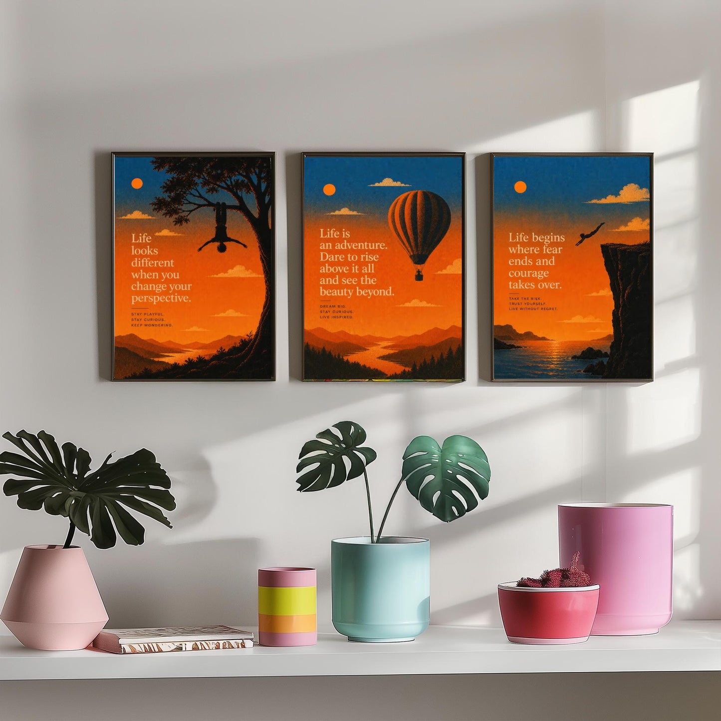 Sunset Adventure Quotes Set of Three Art Prints - Inspirational Wall Art - Motivational Poster Illustration Gift Decor V1