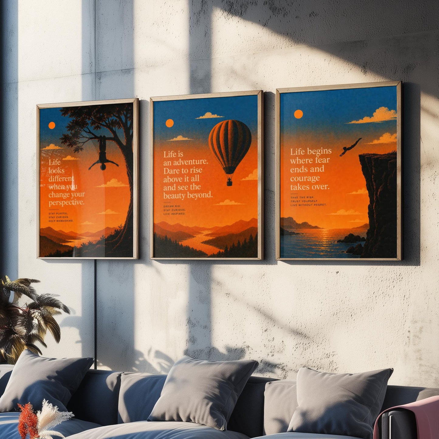 Sunset Adventure Quotes Set of Three Art Prints - Inspirational Wall Art - Motivational Poster Illustration Gift Decor V1