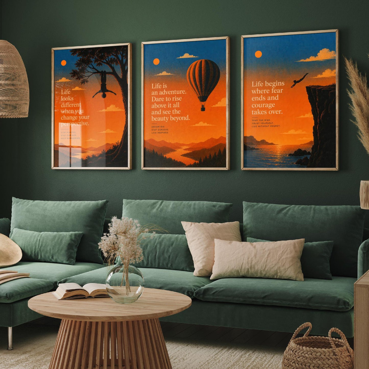 Sunset Adventure Quotes Set of Three Art Prints - Inspirational Wall Art - Motivational Poster Illustration Gift Decor V1