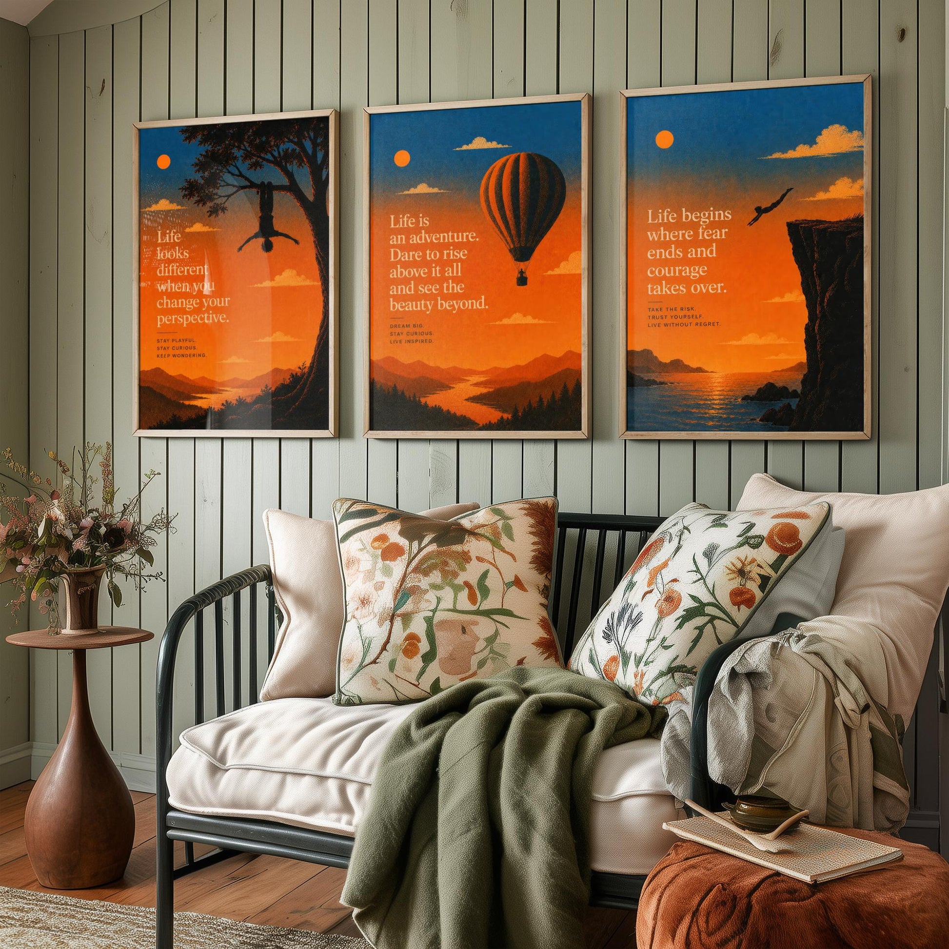 Sunset Adventure Quotes Set of Three Art Prints - Inspirational Wall Art - Motivational Poster Illustration Gift Decor V1