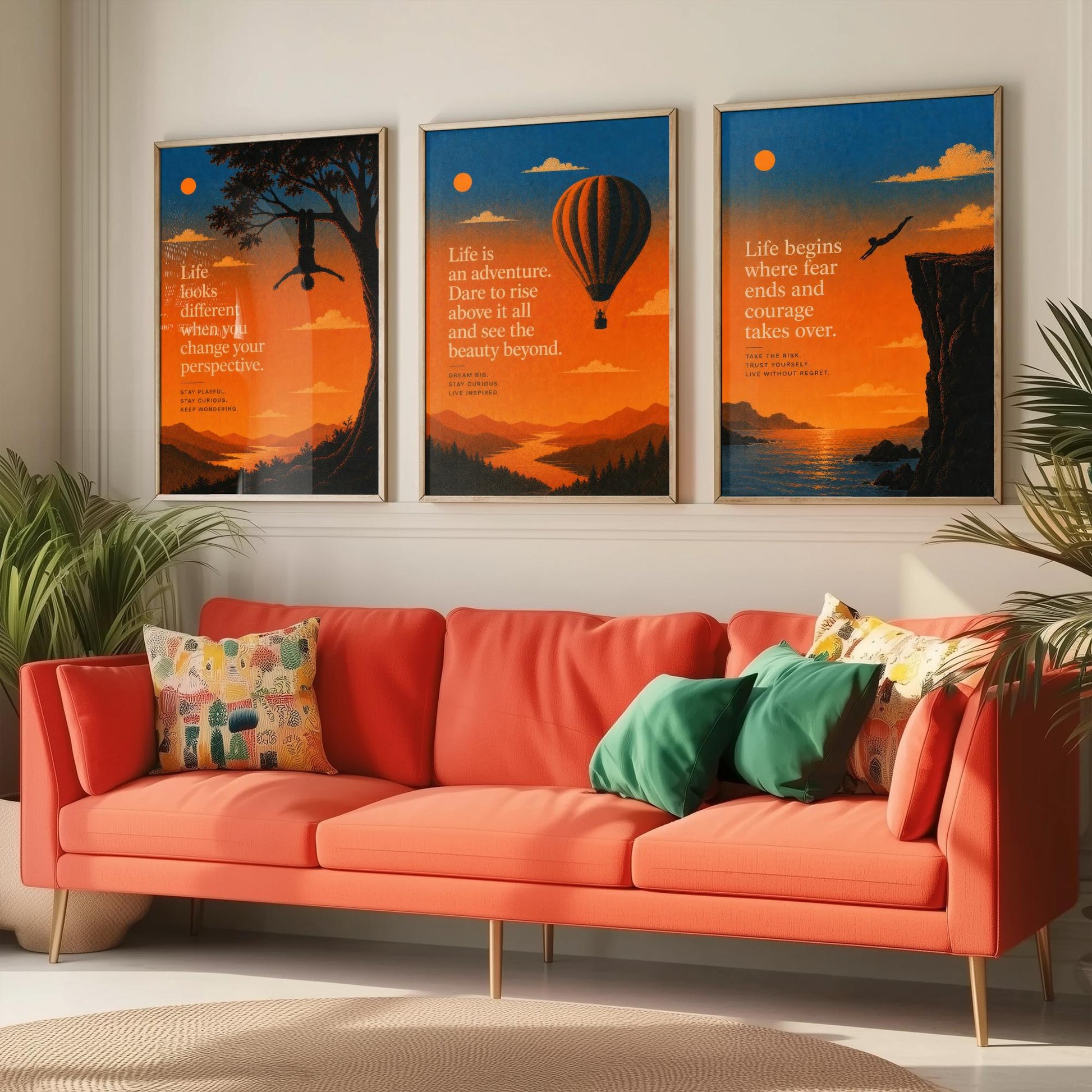 Sunset Adventure Quotes Set of Three Art Prints - Inspirational Wall Art - Motivational Poster Illustration Gift Decor V1