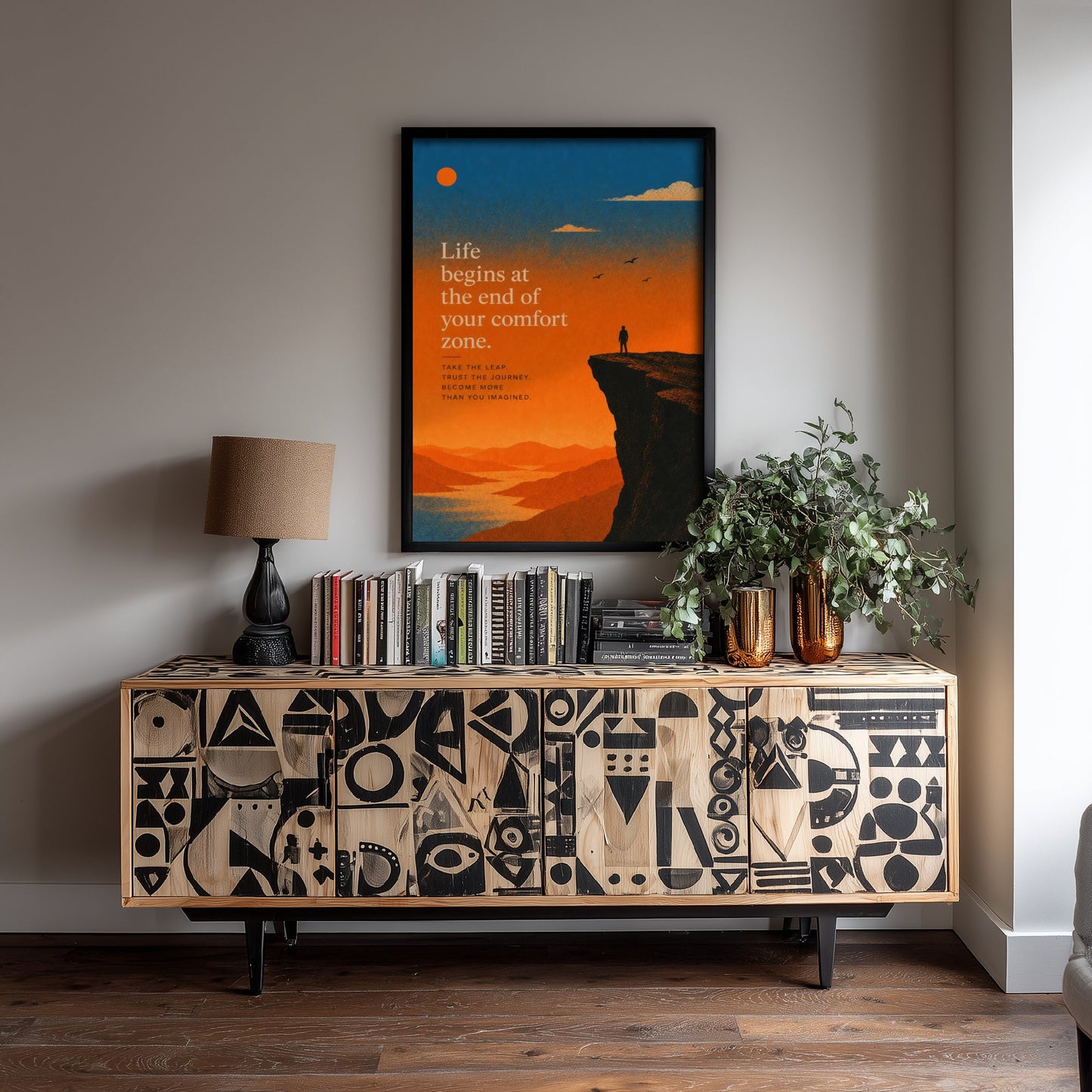 Life Begins at the End of Your Comfort Zone - Motivational Quote Print Poster - Sunset Illustration V2 2/3