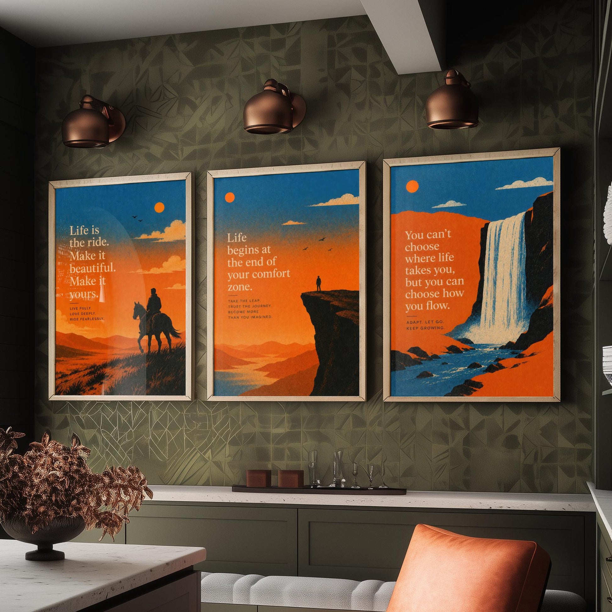 Set of Three Sunset Adventure Quote Art Prints - Motivational Wall Art - Inspirational Poster Illustration Gift Decor V2
