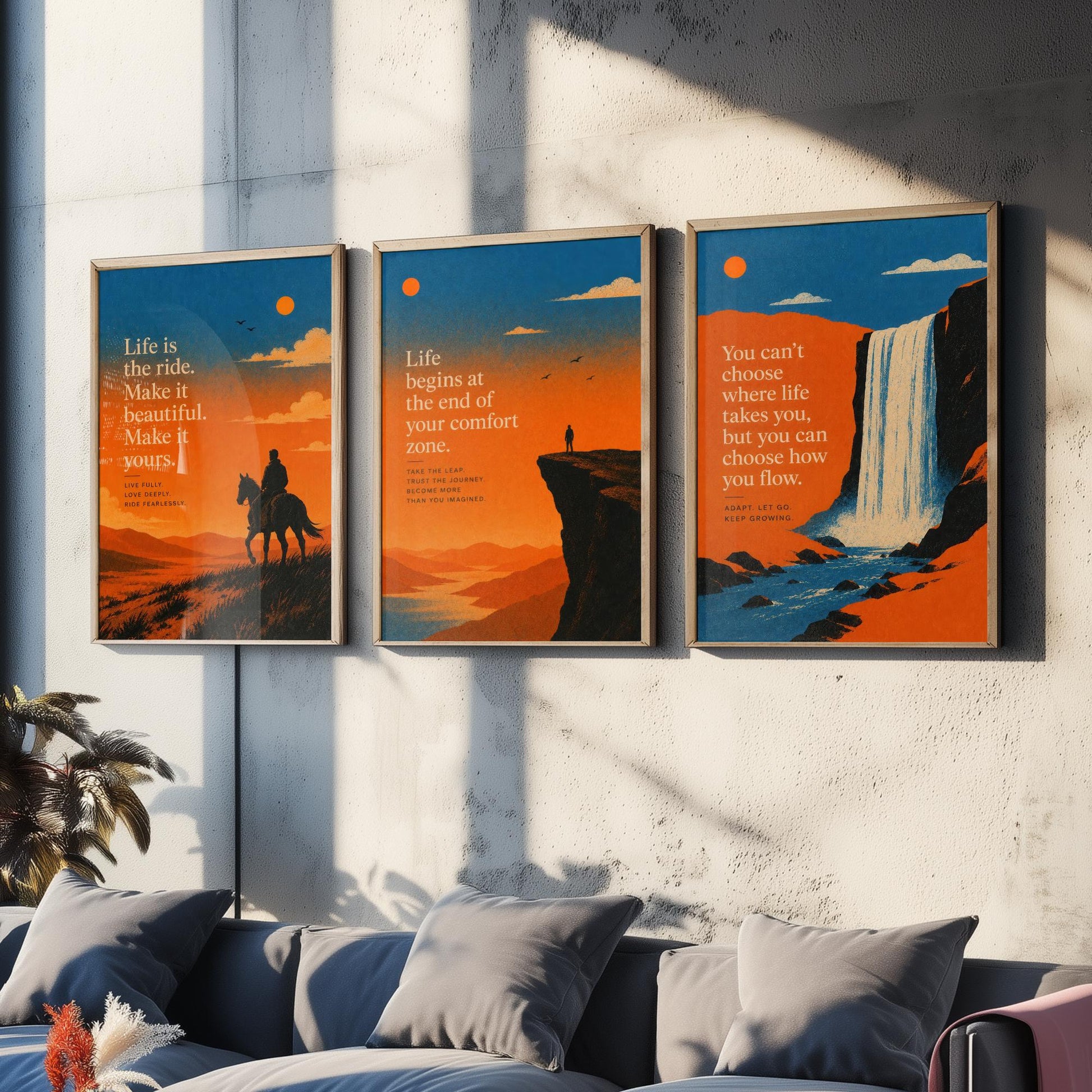 Set of Three Sunset Adventure Quote Art Prints - Motivational Wall Art - Inspirational Poster Illustration Gift Decor V2