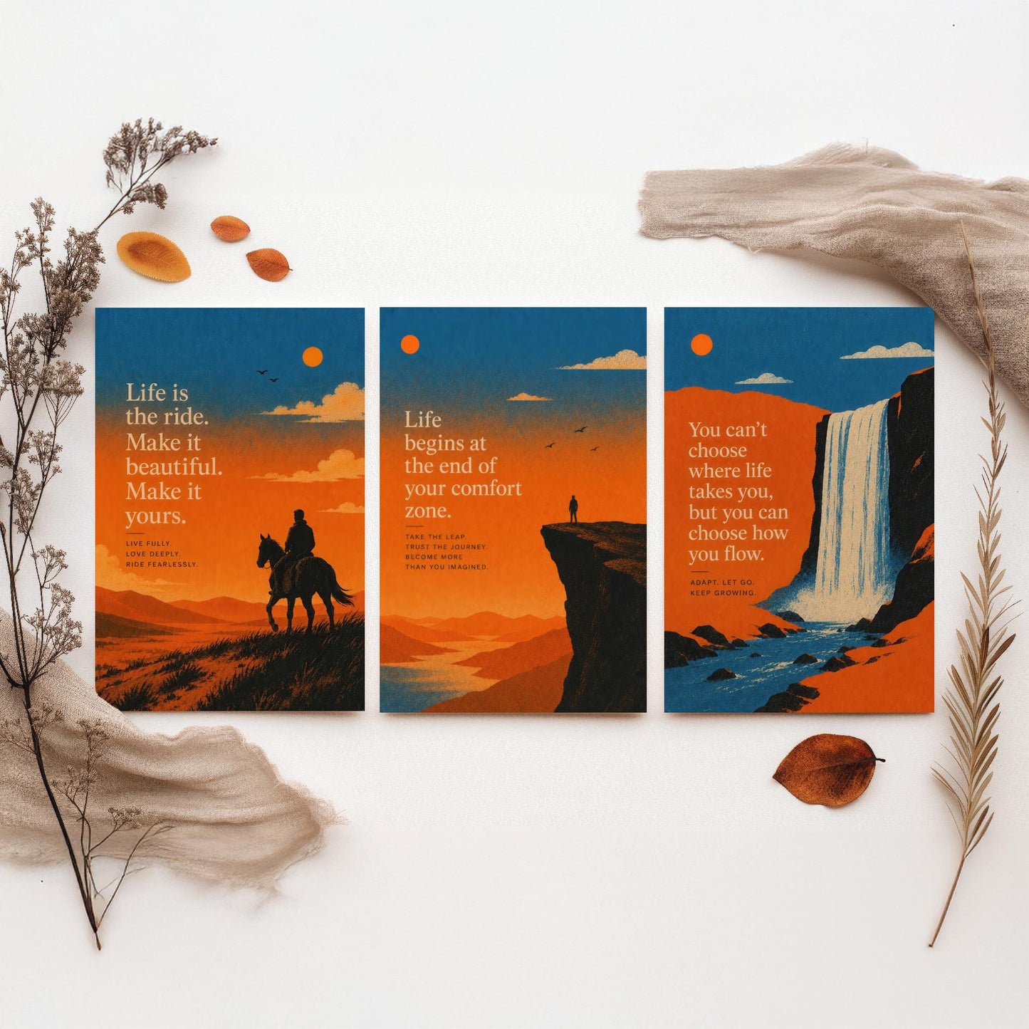 Set of Three Sunset Adventure Quote Art Prints - Motivational Wall Art - Inspirational Poster Illustration Gift Decor V2