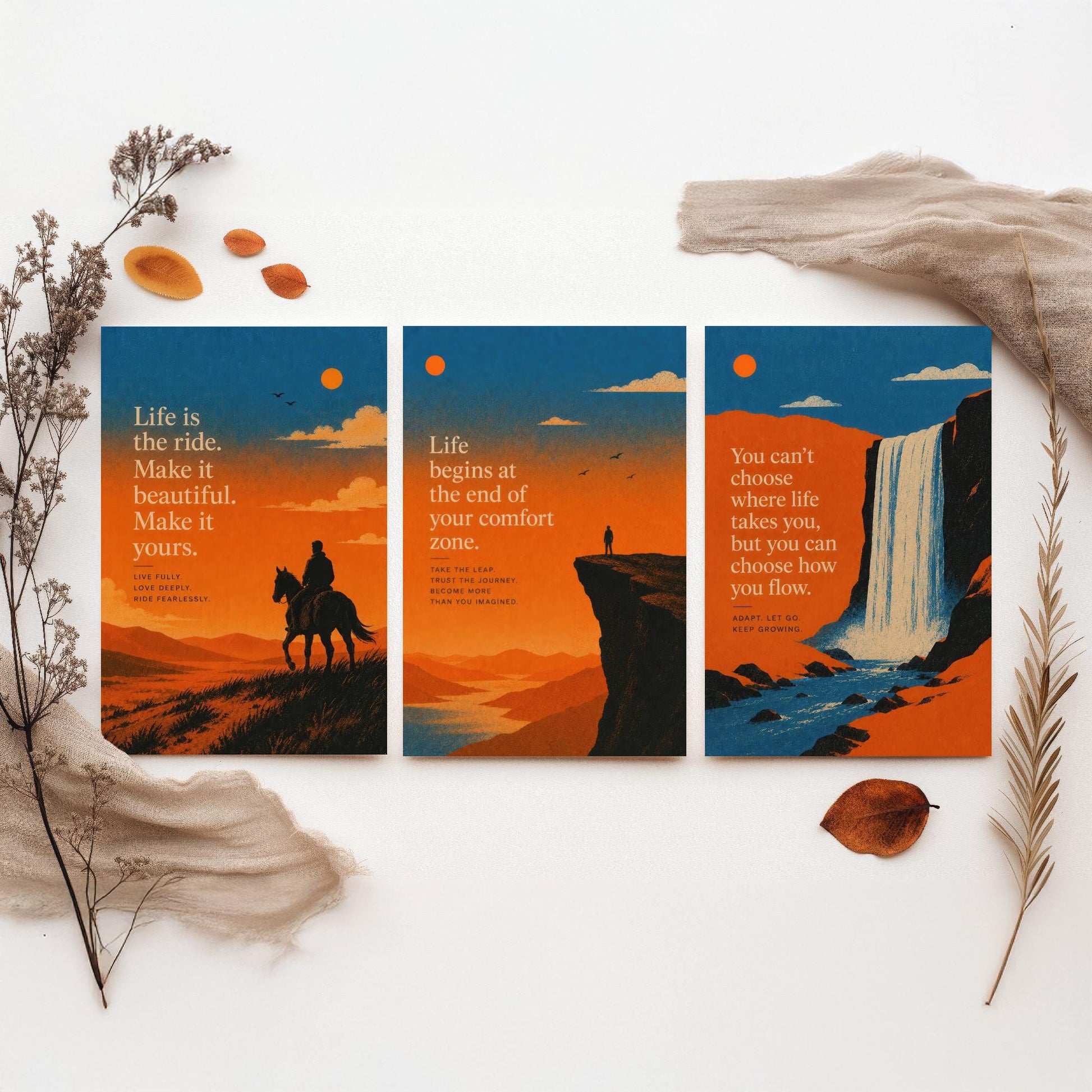 Set of Three Sunset Adventure Quote Art Prints - Motivational Wall Art - Inspirational Poster Illustration Gift Decor V2