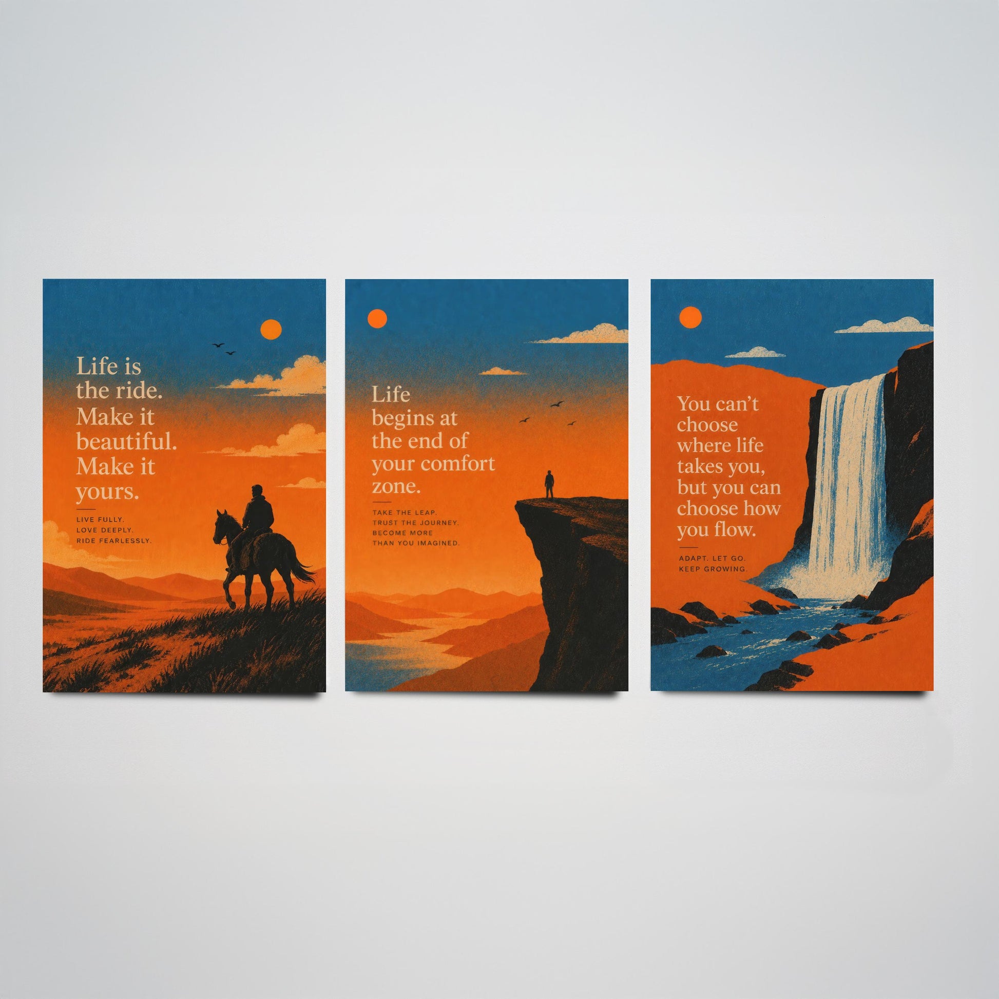 Set of Three Sunset Adventure Quote Art Prints - Motivational Wall Art - Inspirational Poster Illustration Gift Decor V2
